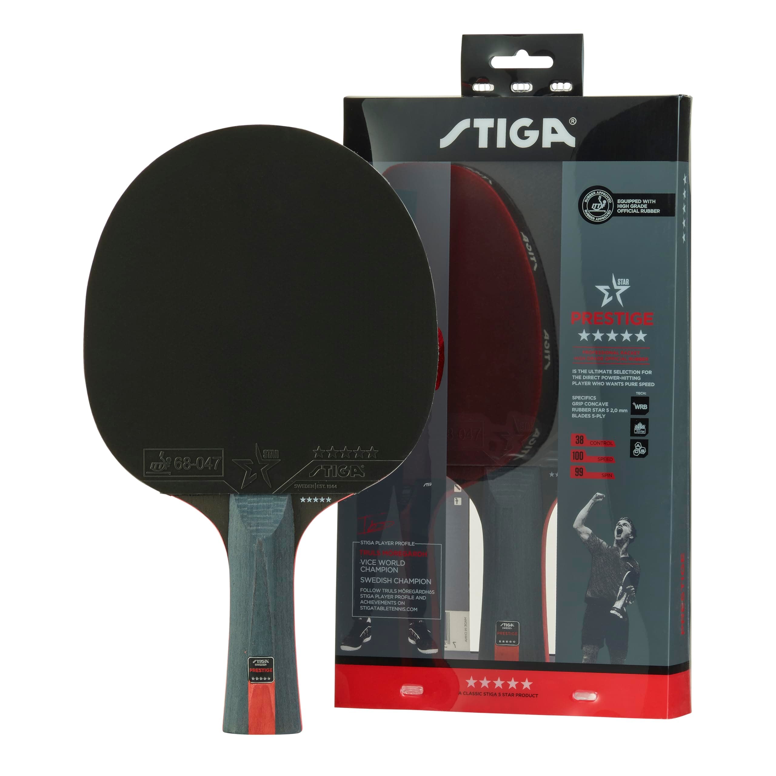 STIGA Prestige 5-Star Table Tennis Racket – Professional High-Speed Ping Pong Paddle with ITTF-Approved Rubber, 2.0mm Sponge, and WRB Technology – Comfortable Grip