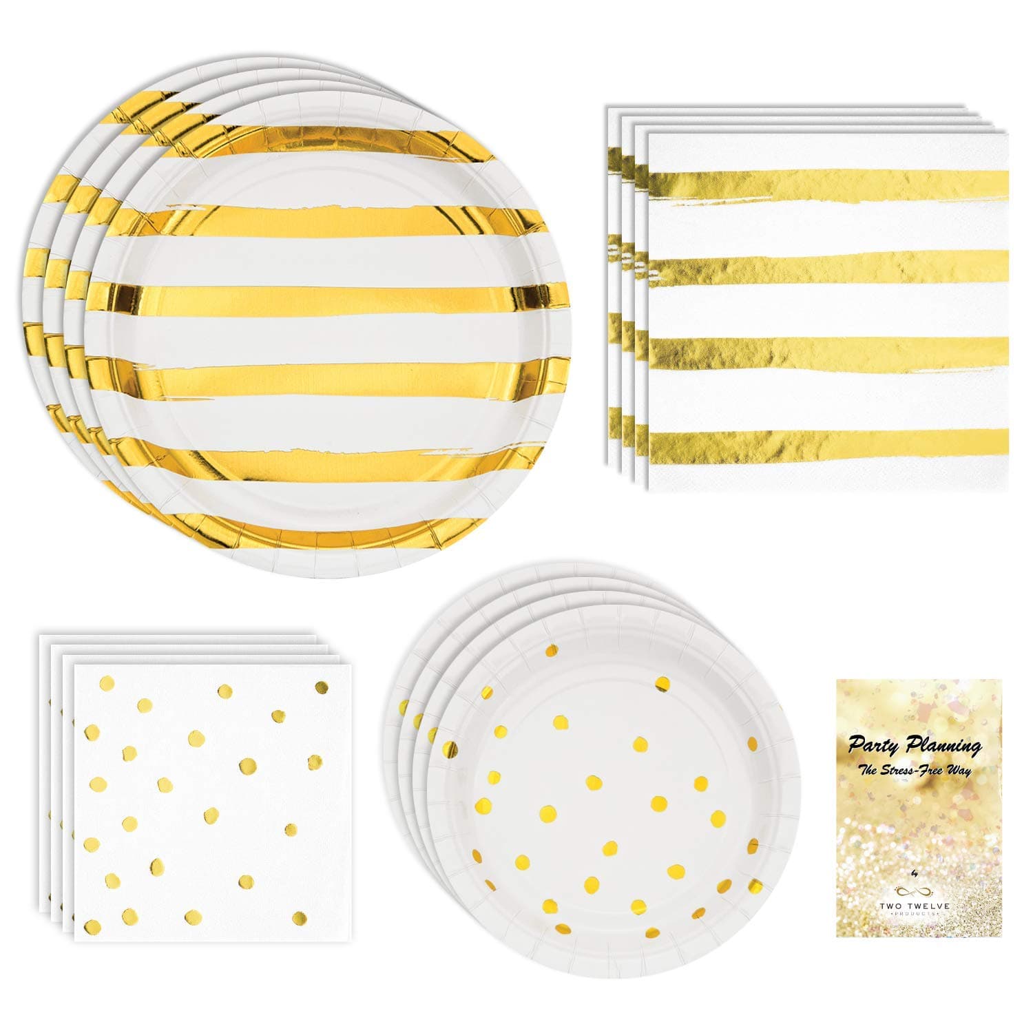White & Gold Party Supplies, Dot & Stripe Design, Great for Bachelorette Party, Wedding, Engagement, Anniversary, Bundle of 4 Items: Dinner Plates, Dessert Plates, Lunch Napkins and Beverage Napkins