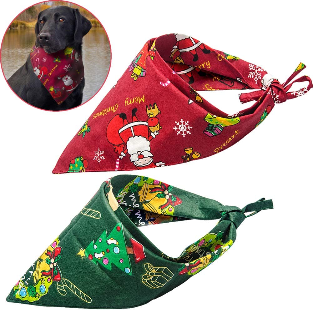 heartybay Christmas Dog Bandana, Reversible Triangle Bibs Scarf Accessories for Large Dogs Cats Pets Animals 2 Pack(Lengthen Version)
