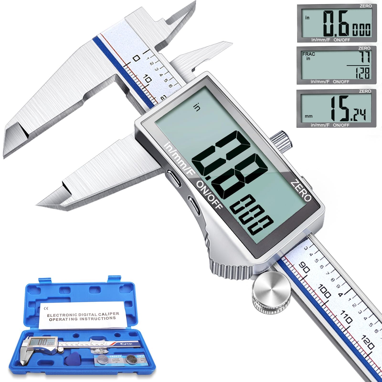 Kynup Digital Caliper Measuring Tool, Vernier Dial Caliper Digital Outside Micrometer, 6 Inch Caliper DIY Tool, Stainless Steel, Large Screen, Splash Proof, Inch Metric Fraction Switch