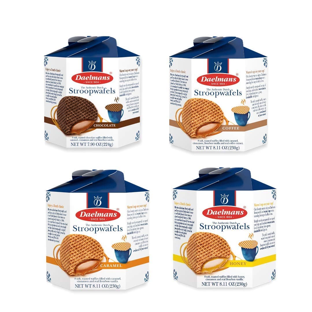 Stroopwafel Variety Pack - Caramel, Chocolate, Coffee, & Honey Waffle Cookies, Sweet Snack for Coffee & Tea, Authentic Soft Toasted Dutch Waffles, Certified Kosher Dairy - Pack of 4