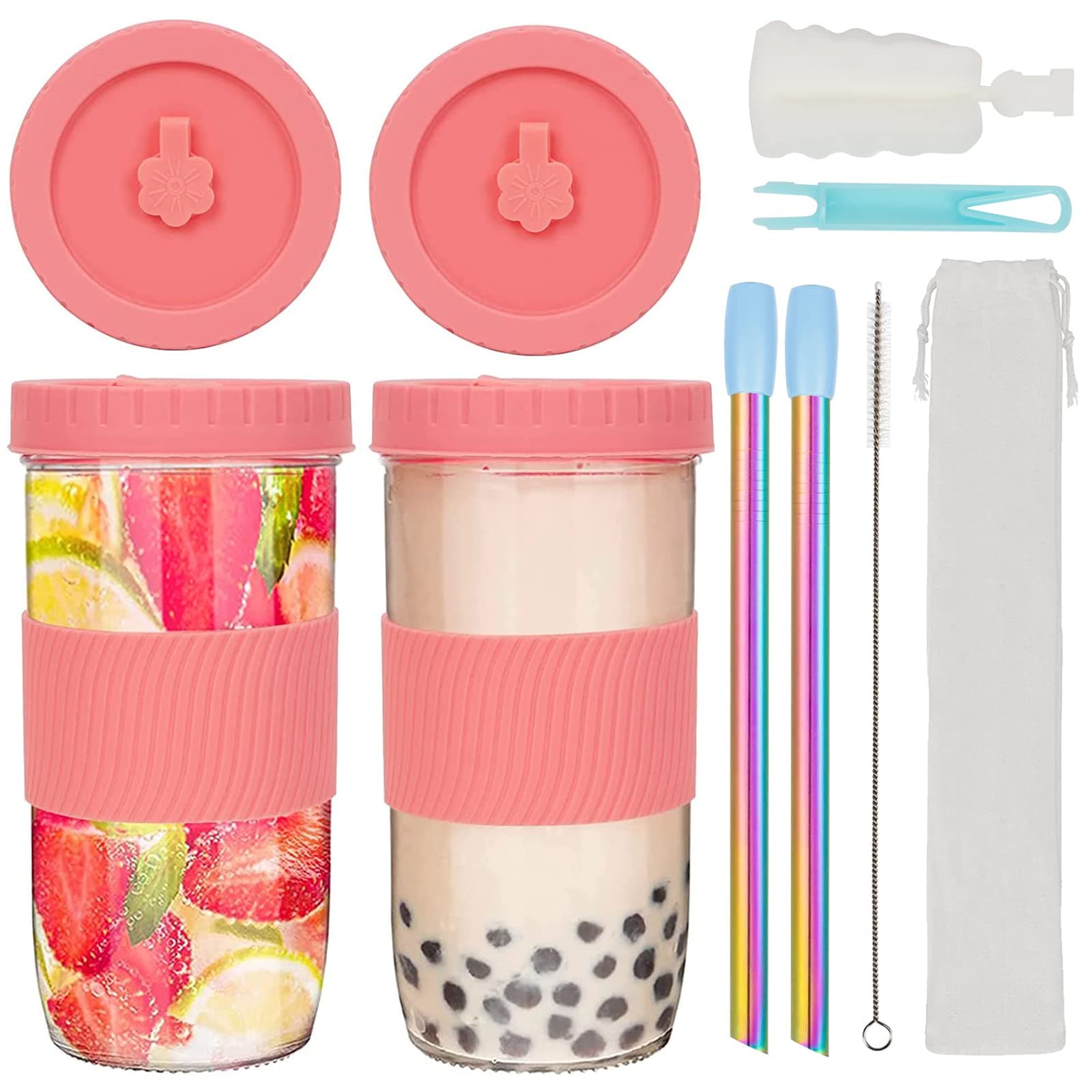 2 Pack Reusable Tea Cups, 24oz Glass with Lids and Straws, Silicone Sleeves, Ideal for Boba, Coffee, Smoothies and Juicing