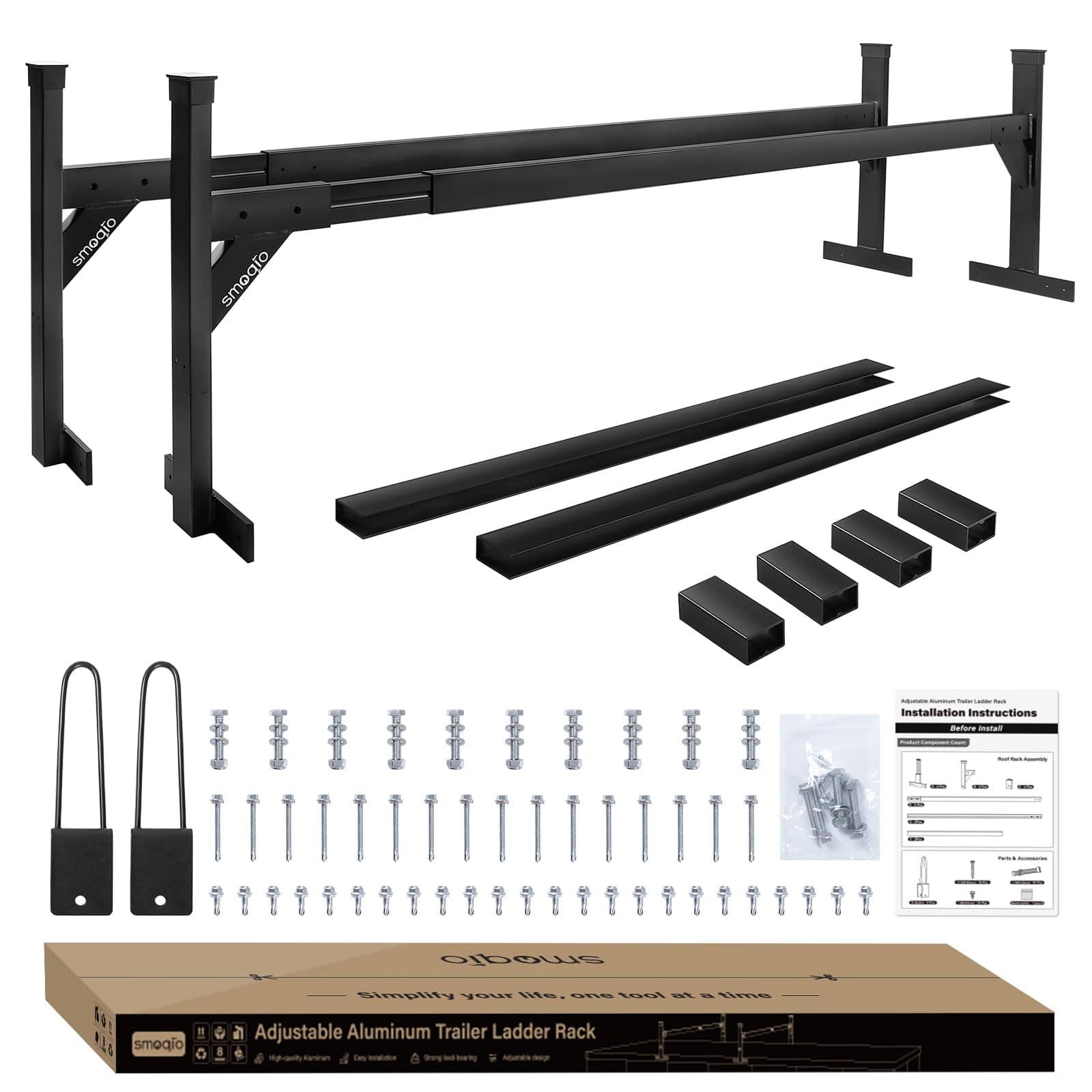 Trailer Ladder Rack Aluminium - 5.77'-8.65' Adjustable with Ladder Stoper, Black, Enclosed & Open Trailer Compatible