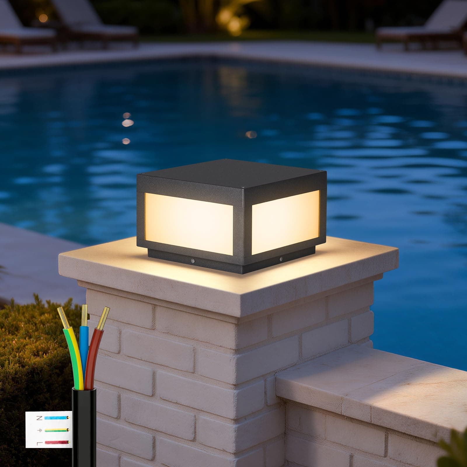Outdoor Modern Post Light, 9.84" Square Hard Wired Pillar Lights, Grey Column Lighting 100-240V AC Waterproof LED 3000K Warm Posts Lamp Lantern for Patio Driveway Entrance Deck Garden Decoration