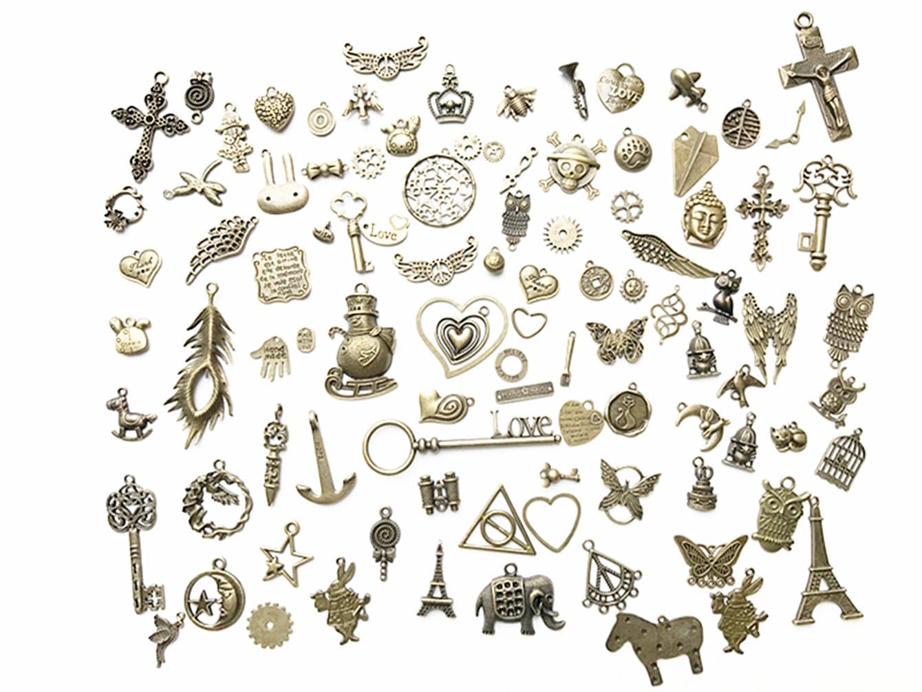 100 Gram DIY Assorted Antique Steampunk Bronze Metal Keys Wings Gear Cog Wheel, Chains,Charms DIY Kits