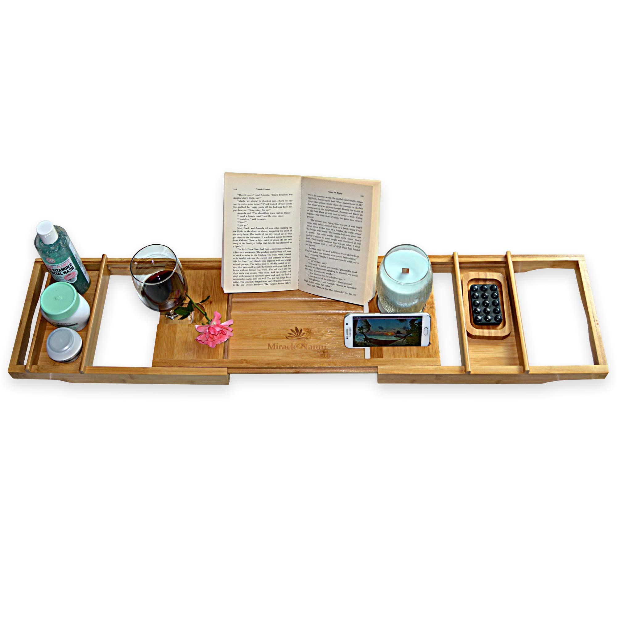 Miracle Namu Natural Bamboo Bathtub Caddy with 2 Side Trays, Non-Slip Silicon Grip and Free Soap Holder