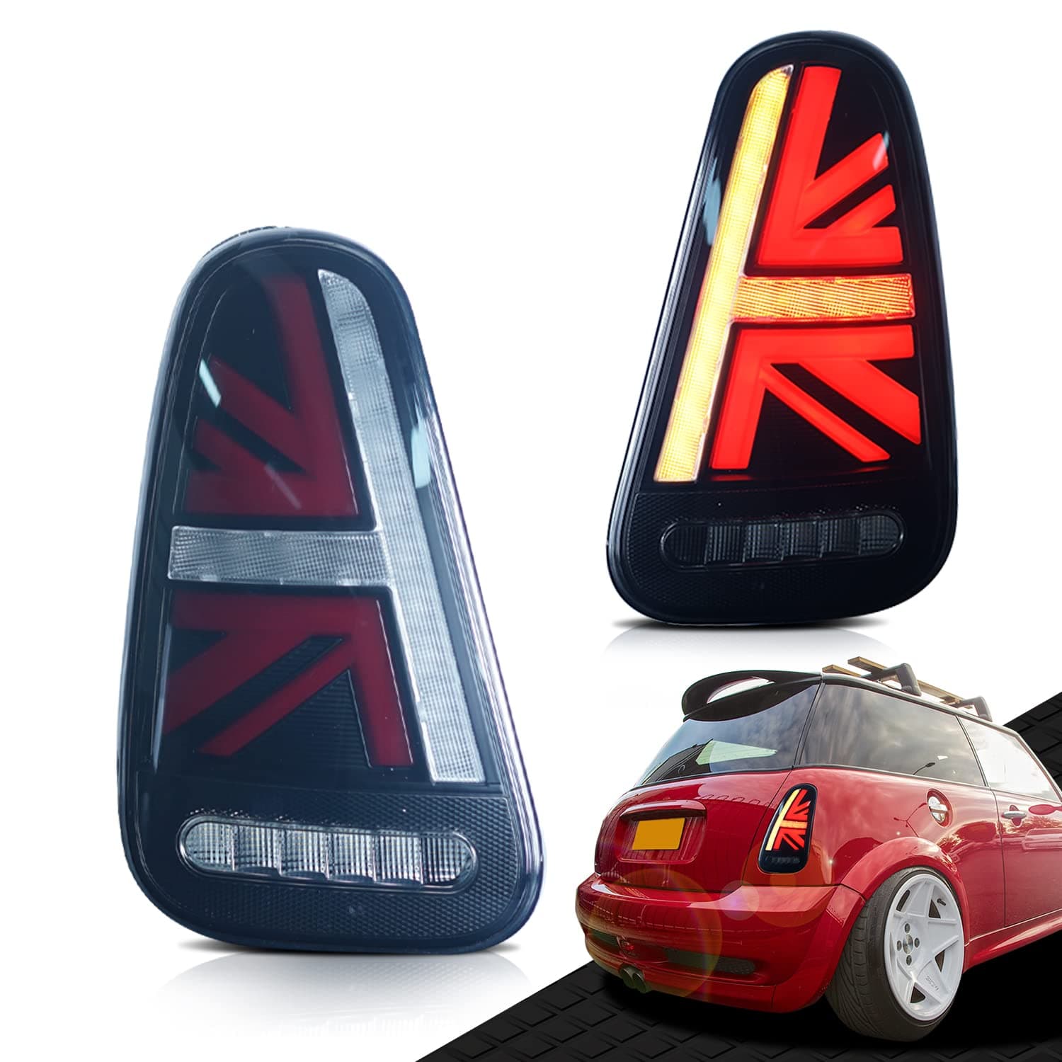 Archaic Tail Lights Assembly Compatible for Mini Cooper R50 R52 R53 2001-2007,Union Jack Rear Tail Lamps for 1st gen Mini Cooper Hatchback/Convertible,Plug&Play, Pair, Smoked