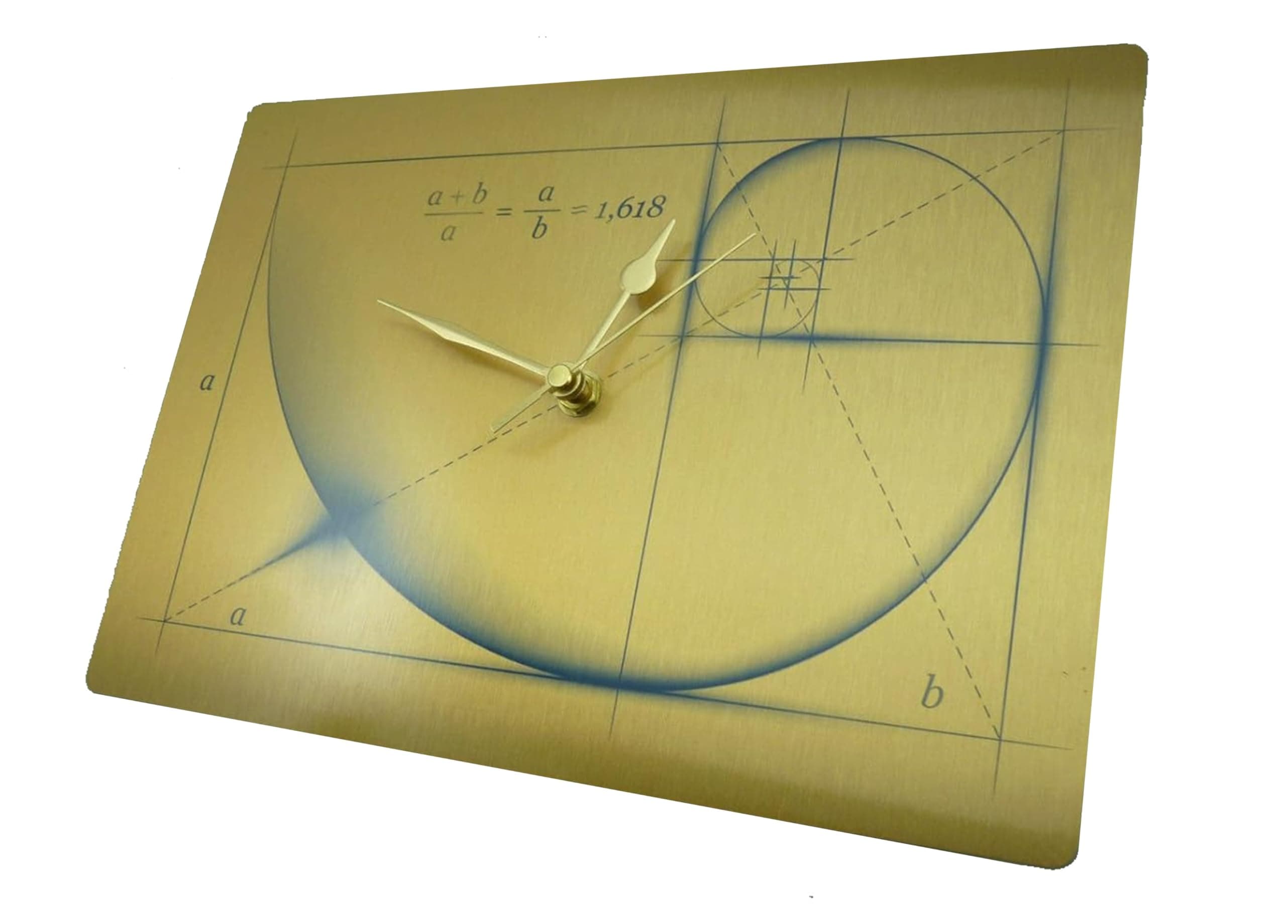 AGS-Designs Fibonacci Golden Ratio wall clock, brushed gold metal print with non-tick swoosh mechanism.