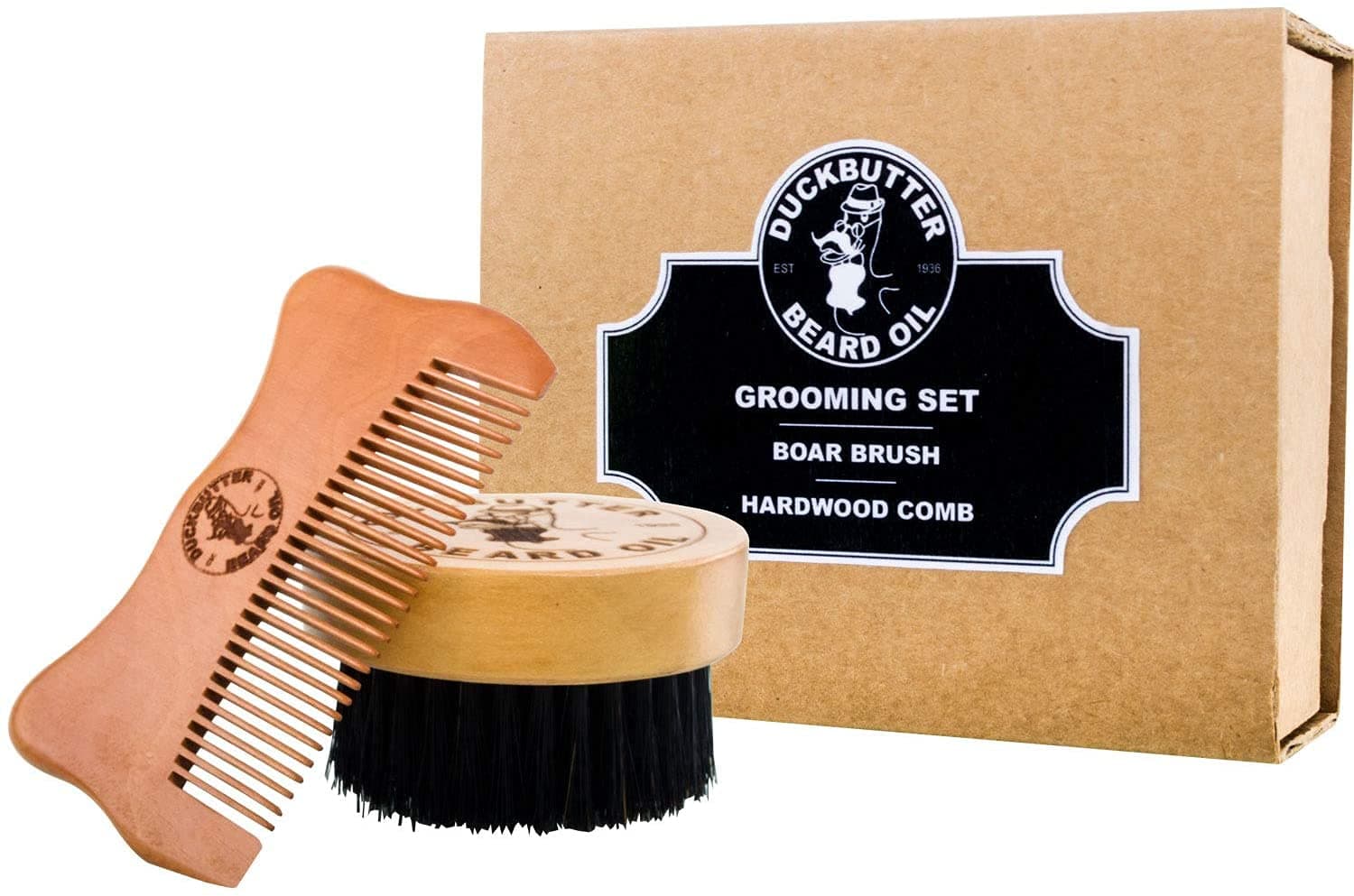 DUCKBUTTER Grooming Set - Beard Brush & Comb Boxed Gift Set - Made from 100% Genuine Peach Wood & Natural Boar Bristles – 2.25 cm Bristles & Teeth for Facial Grooming