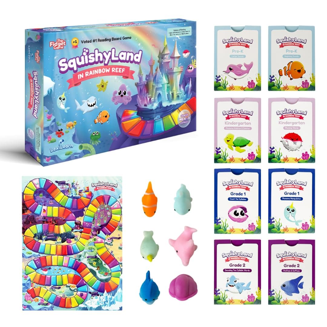 The Fidget Game SquishyLand in Rainbow Reef - Educational & Phonics Kindergarten Learning Activities for Children in Pre-K to 2nd Grade - Mochi Squishy Toys Set with Board Game (2-6 Players)