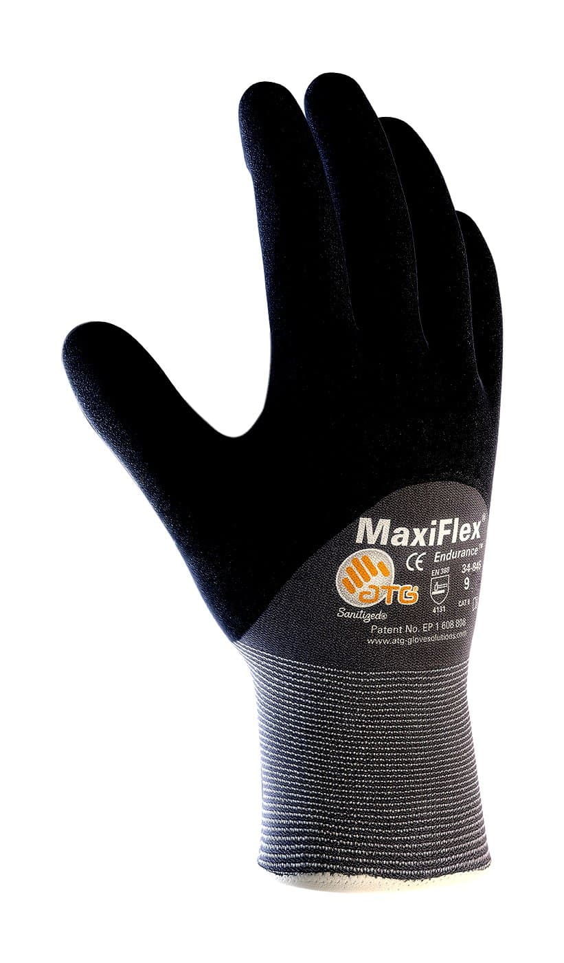 ATG 34-845/S MaxiFlex Endurance by ATG Black Nitrile Palm, Finger And Knuckles Coated Work Gloves With Nylon And Lycra Liner And Continuous Knit Wrist