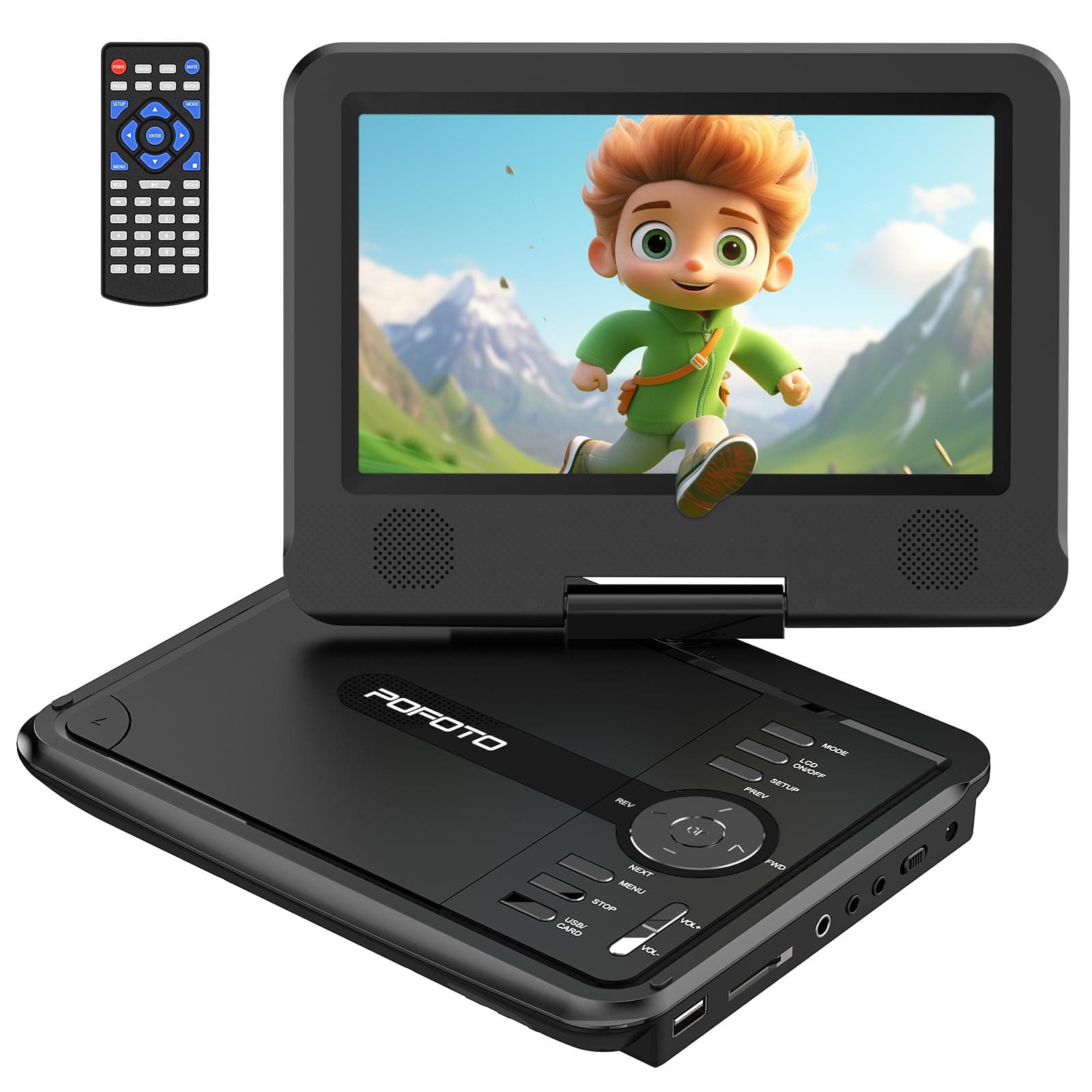 9.5" Portable DVD Player for Kids and Car with 7.5" Swivel Screen, 4-6 Hour Working Time, Car DVD Player with Dual Speakers, Remote Control, Support Sync TV, Region Free USB/SD/AV- Black