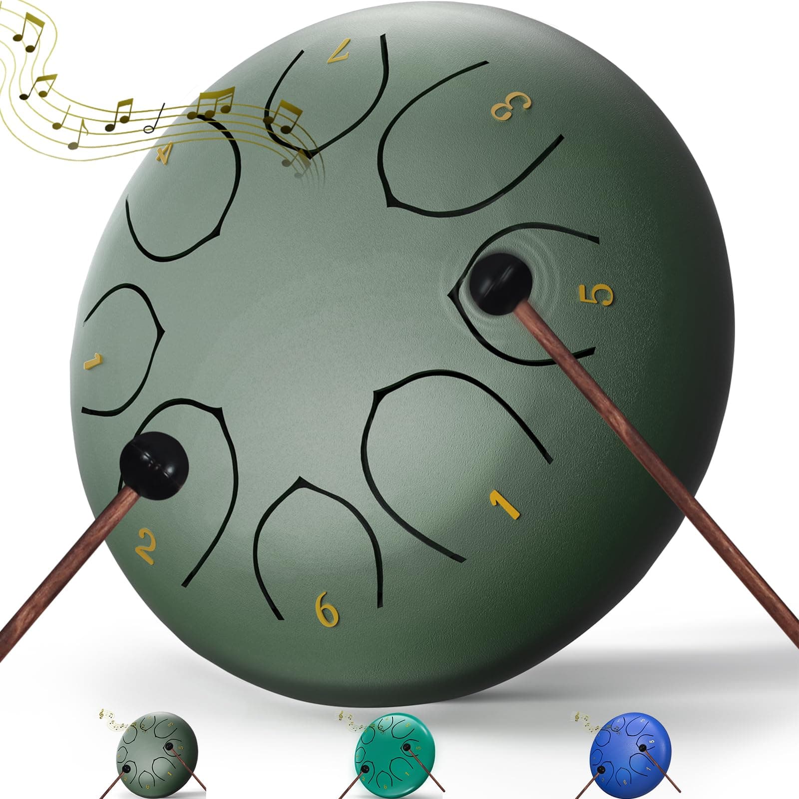 Rain Drum for Outside Garden, 6 Inches 8 Notes Steel Tongue Chakra Drum, Waterproof Rain Chime Meditation Drum, Musical Instruments for Adult Gift with Drum Bag, Music Book, Drum Mallets (Green)