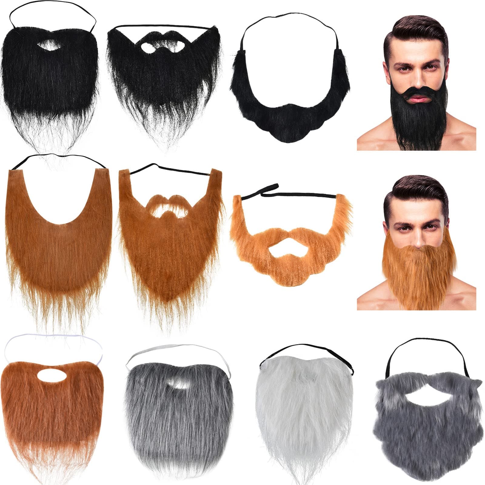 10 Pcs Fake Beards Costume Old Man Mustache Costume for Jesus Beard Halloween Funny Facial Hair Accessories with Adjustable Elastic Rope for Men Party Cosplay Supplies