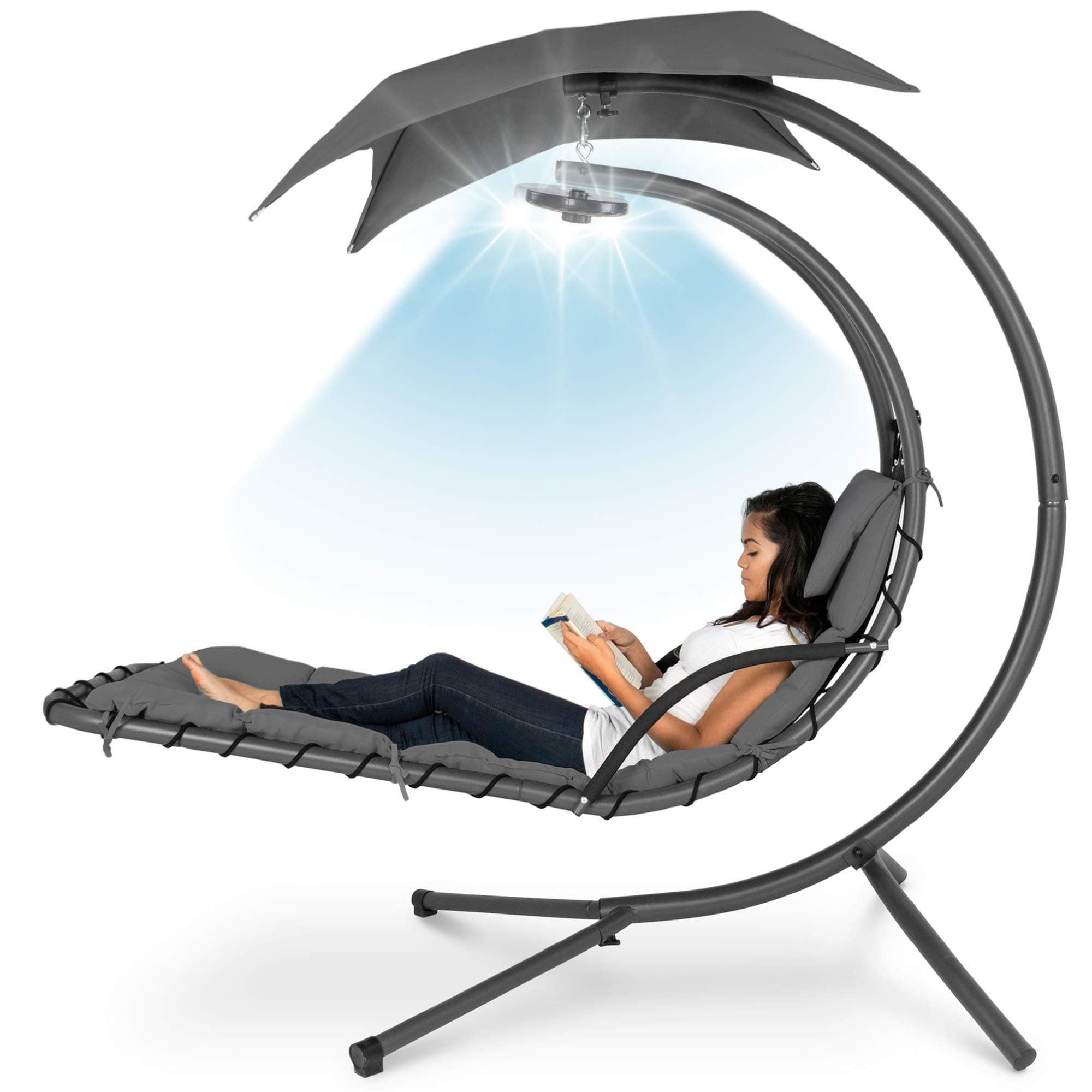 Best Choice Products Hanging LED-Lit Curved Chaise Lounge Chair Swing for Backyard, Patio, Lawn w/ 3 Light Settings, Weather-Resistant Pillow, Removable Canopy Shade, Steel Stand - Gray