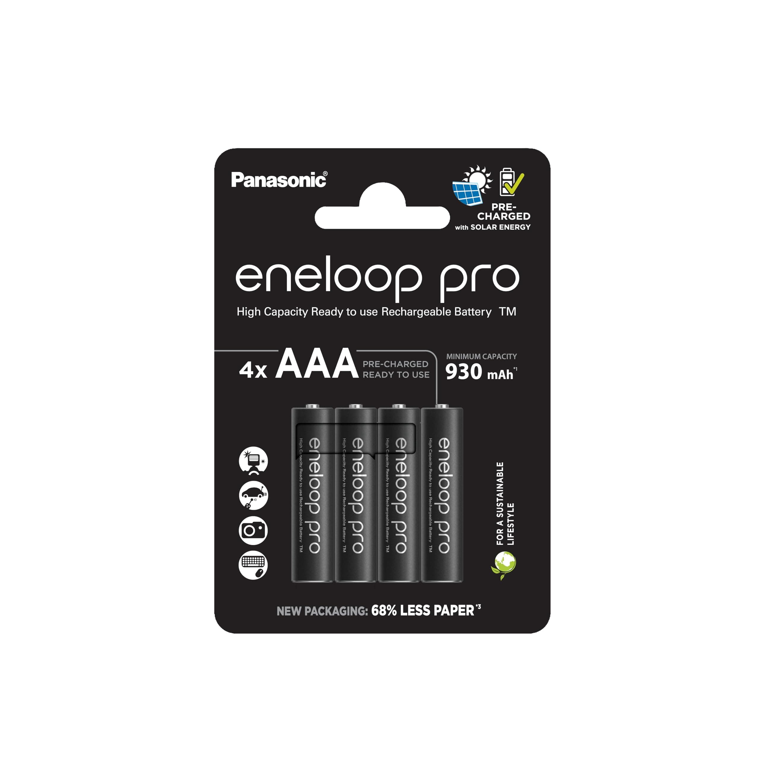 eneloop Pro, AAA/Micro, Rechargeable Battery, Pack of 4, Capacity of 930 mAh, Ready-to-Use Ni-MH Batteries, 500 Recharge Cycles, Plastic Free Packaging, Pro, Black