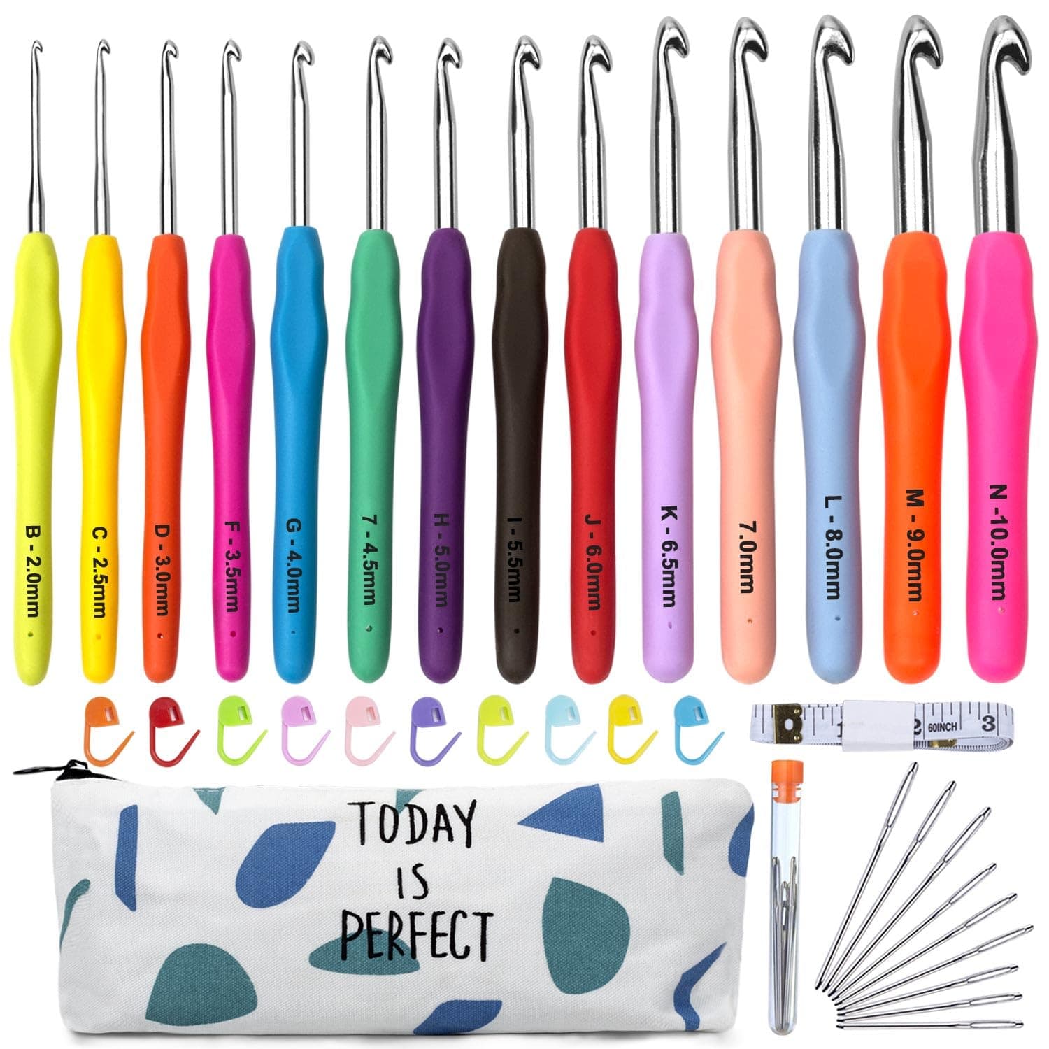 Crochet Hooks Set, 14Pcs Full Size Soft Handles Knitting Needles Kit + 10Pcs Crochet Locks + 9 Large Eye Hand Sewing Hooks + 1 60-Inch Tape Measure+Crochet Hook Case,Ideal Mother's Day Gift.