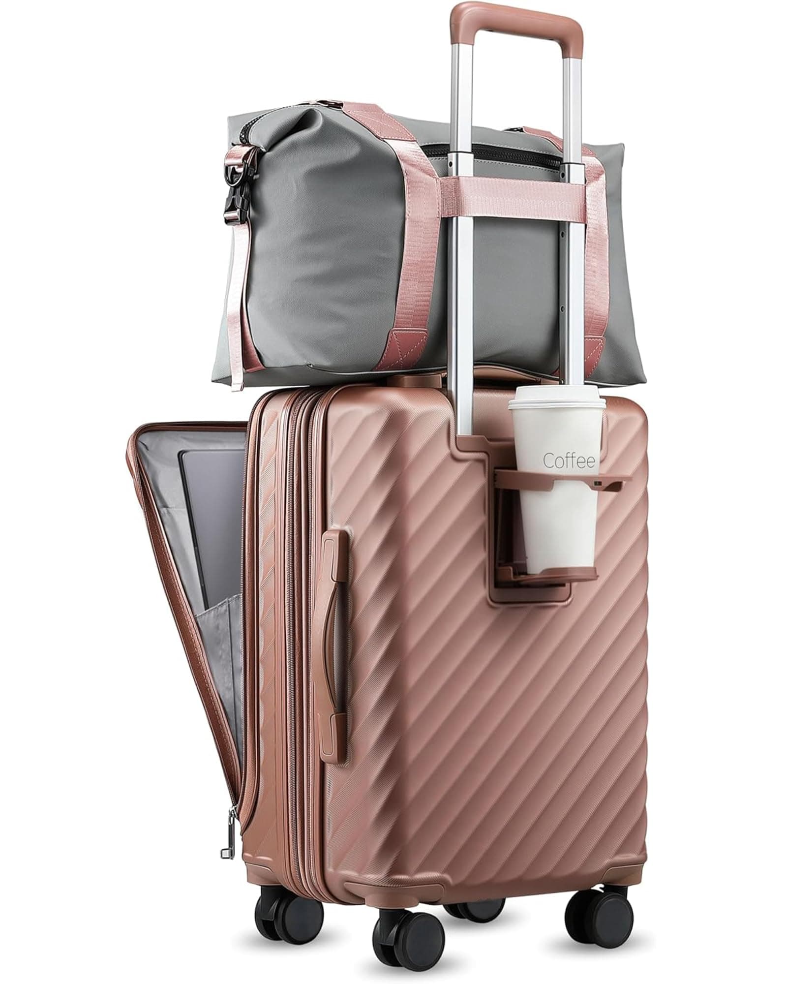 Carry On Luggage with Front Compartment and Cup Holder, KVF Expandable PC Hard Shell Suitcase with Front Pocket (FX-Plus, Rose Gold, 2-Piece (20/Tote))