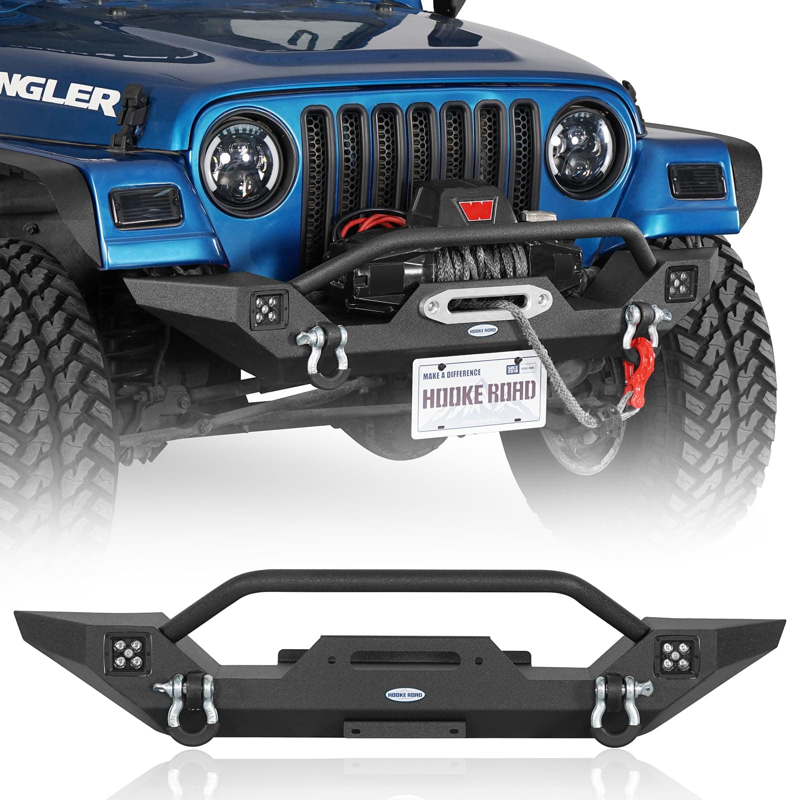 Wrangler TJ Front Bumper with Winch Plate & LED Lights & D-Rings for 1987-2006 Jeep Wrangler YJ TJ