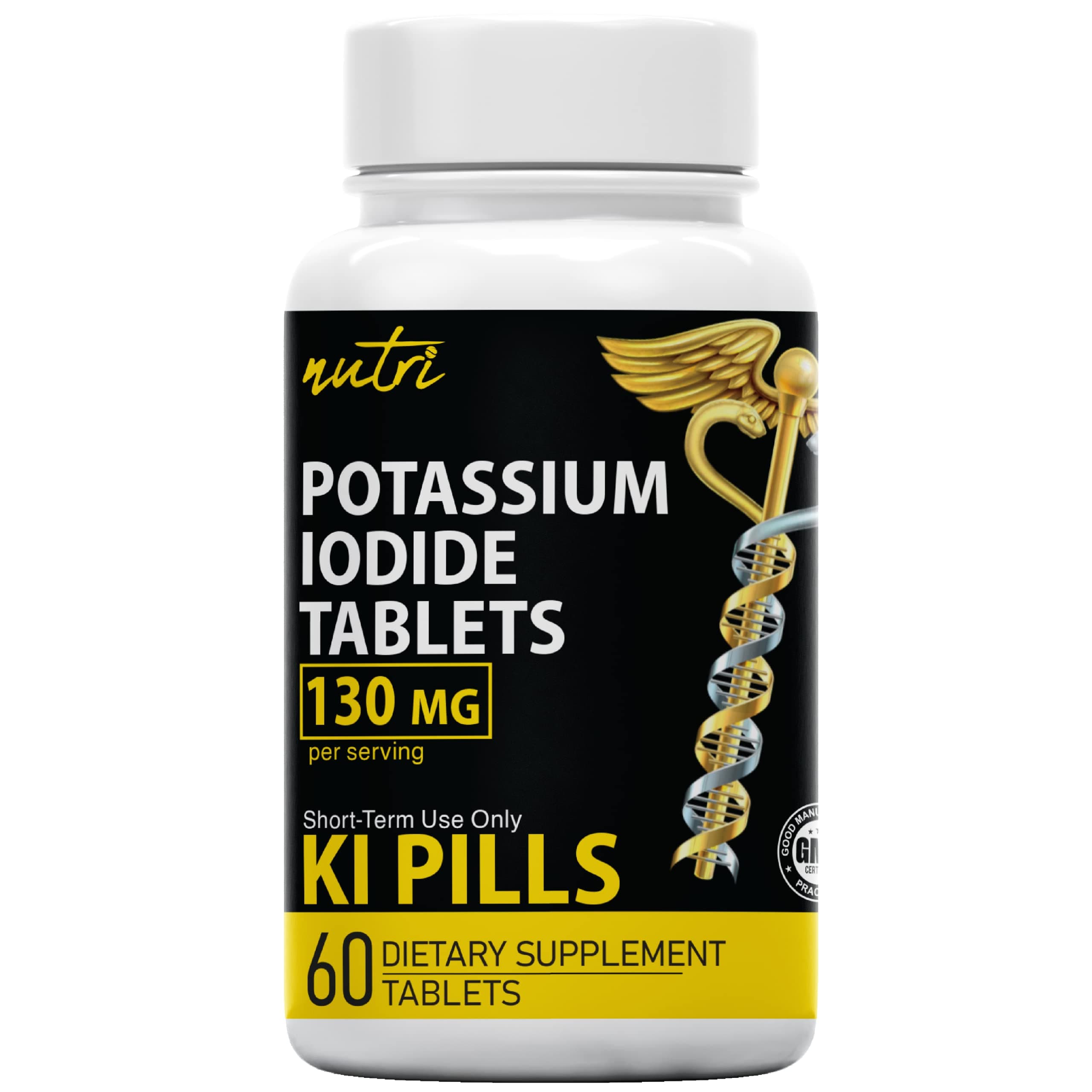 Potassium Iodide Tablets 130 mg - (60 Tablets) 10 Year Shelf-Life EXP 2034 to 2035 - Ki Pills - Yoduro de potasio - Nutri Supplements - 3rd Party Tested - NSF cGMP Certified Facility - Shelf Stable