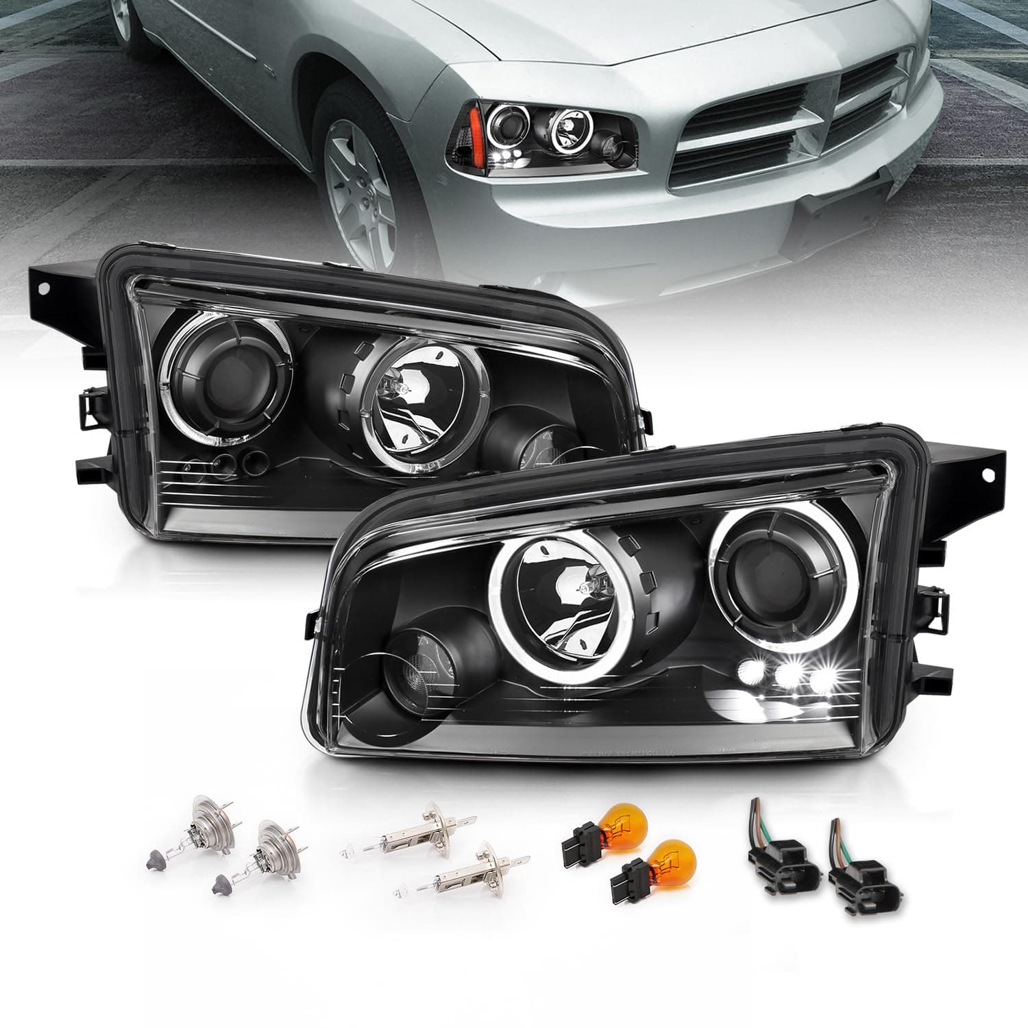 AmeriLite LED Halo Projector Black Replacement Projector Headlights Assembly Set For 06-10 Dodge Charger - Passenger and Driver Side