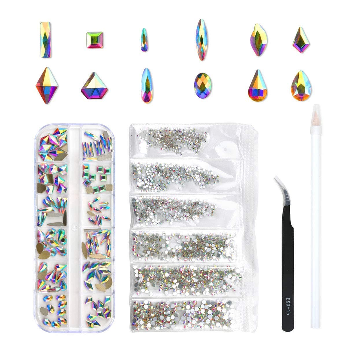 LIENJAER 120 Pcs Multi Shapes Glass Crystal AB Rhinestones For Nail Art Craft, Mix 12 Style FlatBack Crystals 3D Decorations Flat Back Stones Gems Set (120 pcs Crystals+1728 pcs rhinestones)