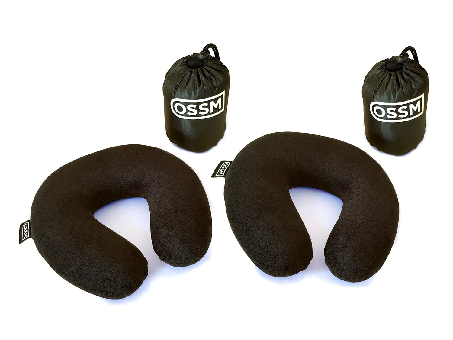 OSSM Premium Comfort Memory Foam Neck Pillow with Washable Velour Zipper Case and Sturdy Compact Carrying Bag for Travel, Relaxation, Neck Support, and Pain Relief - 2 Pack (Black)