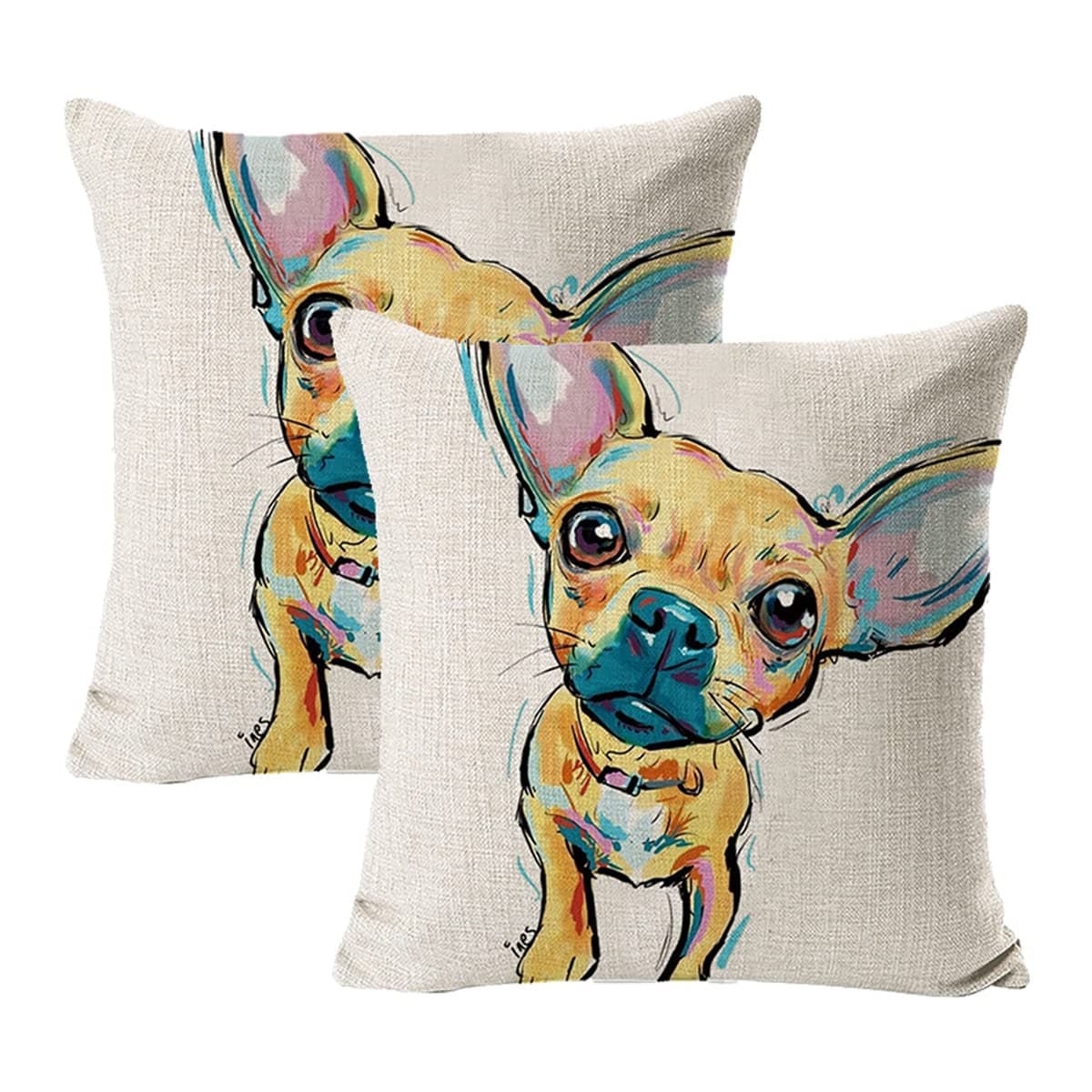 NA 2 Pcs Pet Chihuahua Dog Pattern Cushion Covers, Flax Watercolor Animal Throw Pillow Cases,Decoration Pillowcases for （18 * 18in） Pillow