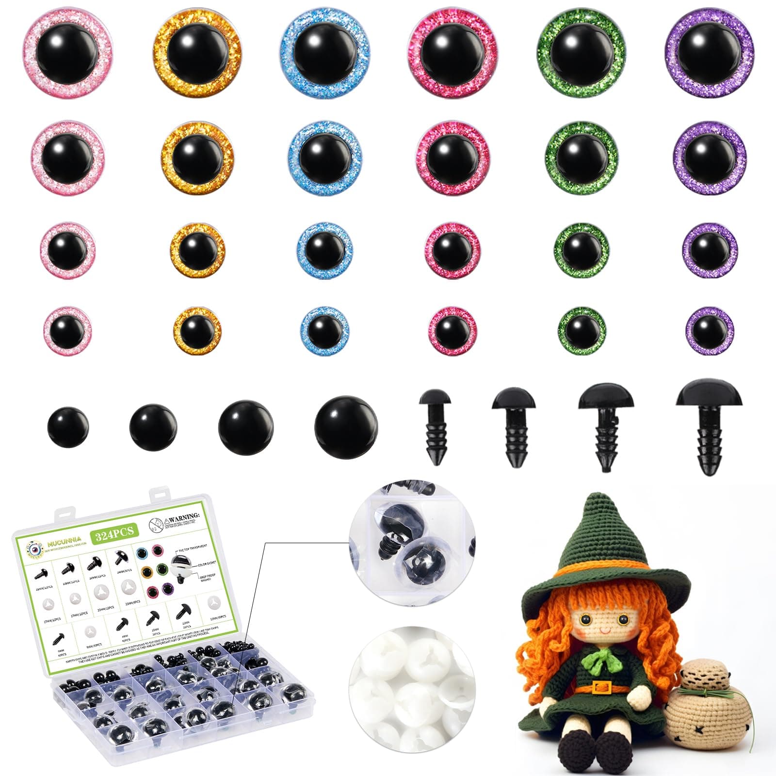 MUCUNNIA Upgraded Glitter Safety Eyes 324 Pcs 6-24mm Safety Eyes for Crocheting with Washers Large Safety Eyes for Amigurumi Plastic Crochet Eyes for Stuffed Animals Valentine's Day Decorations