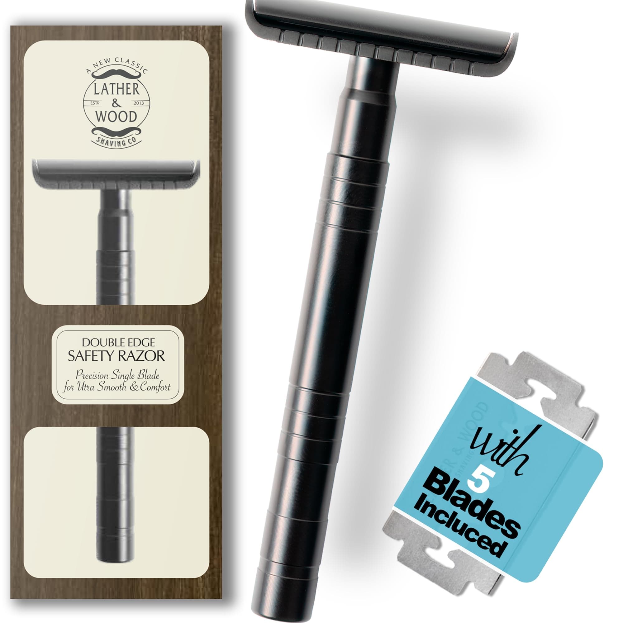 Lather & Wood Single Blade Razor for Men - Premium One Blade Safety Razor - Precision Shaving Instrument - Baron Elite - Noir Black