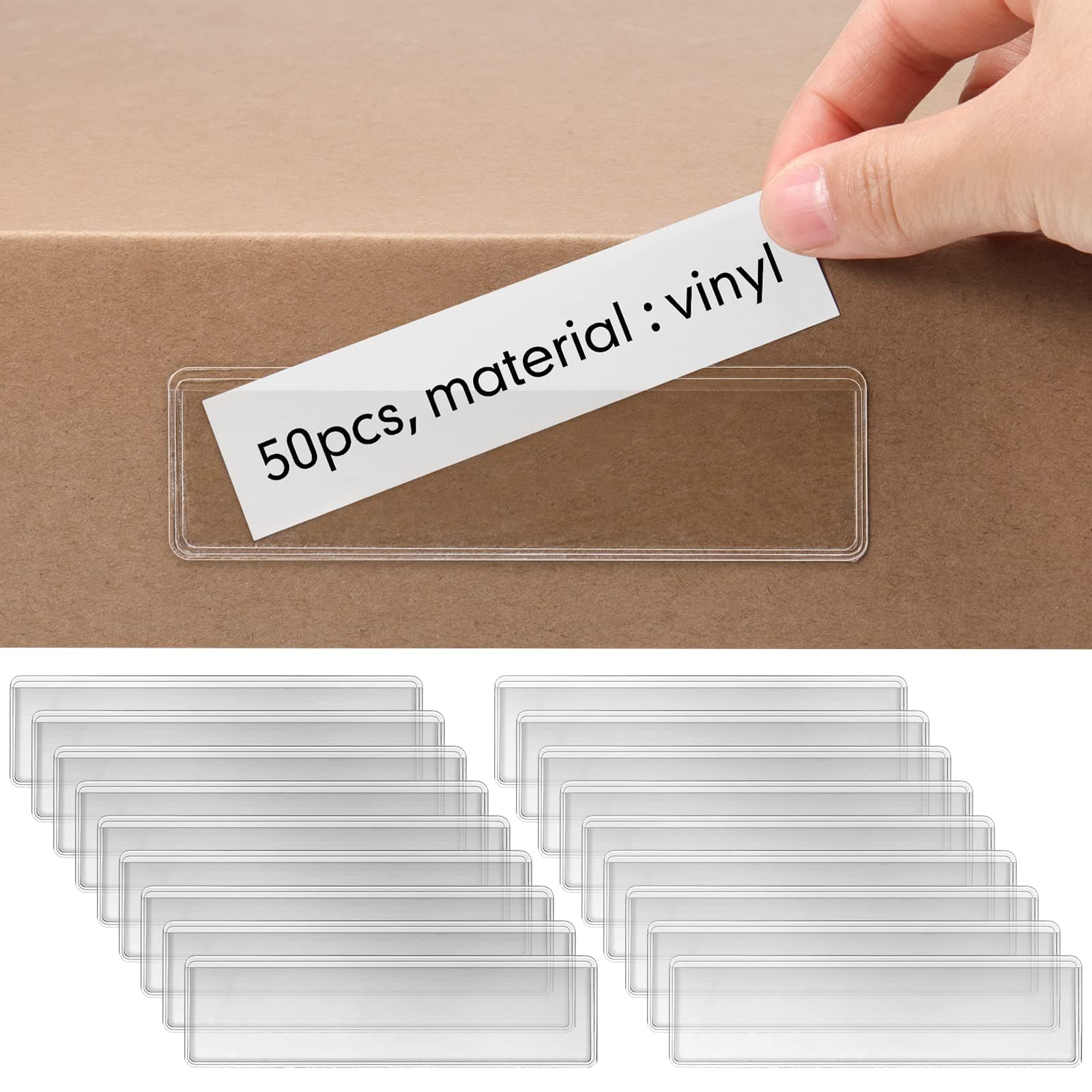 50 Pack Label Holders Self Adhesive Clear Label Pockets 1.2 x 4.3 Inch Plastic Shelf Tag Index Card Holders Name Tags Pockets for Classroom Bookshelf Library Supermarket Drawers Storage Bins Mailbox