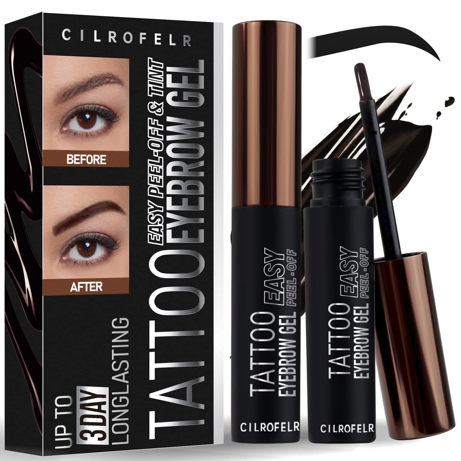 Tattoo Peel Off Eyebrow Gel, Easy Tattoo Brow Peel Off Gel, Last Up to 3 Days, Waterproof, Transfer-proof, For Fuller & Defined Looking Brows, Gray Black (2 Pack)