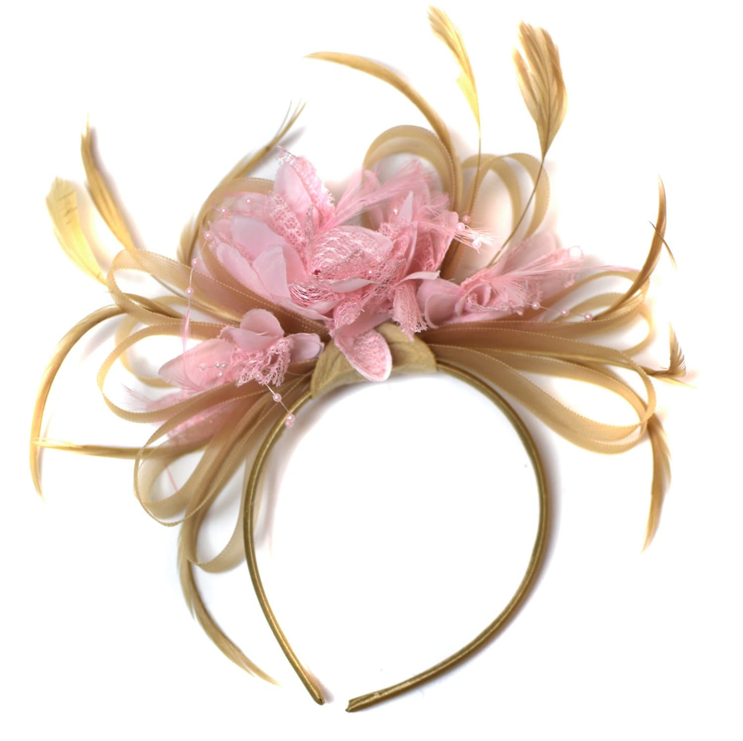 Champagne Gold Beige Camel and Baby Pink Fascinator on Headband Alice Band UK Wedding Ascot Races Derby