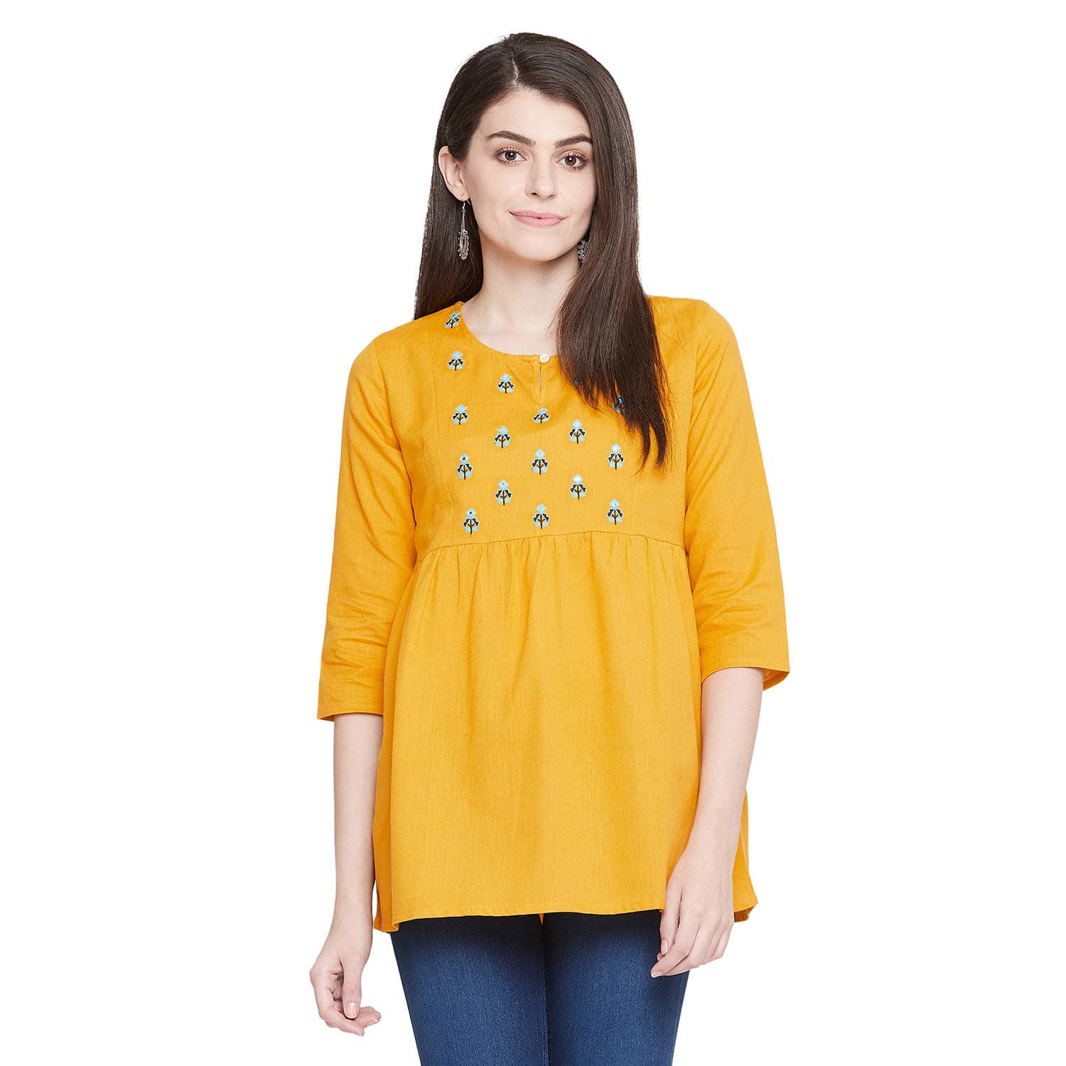 EVALONA Yellow Embroidered Round Neck Straight Sleeve Cotton Short Kurta for Women