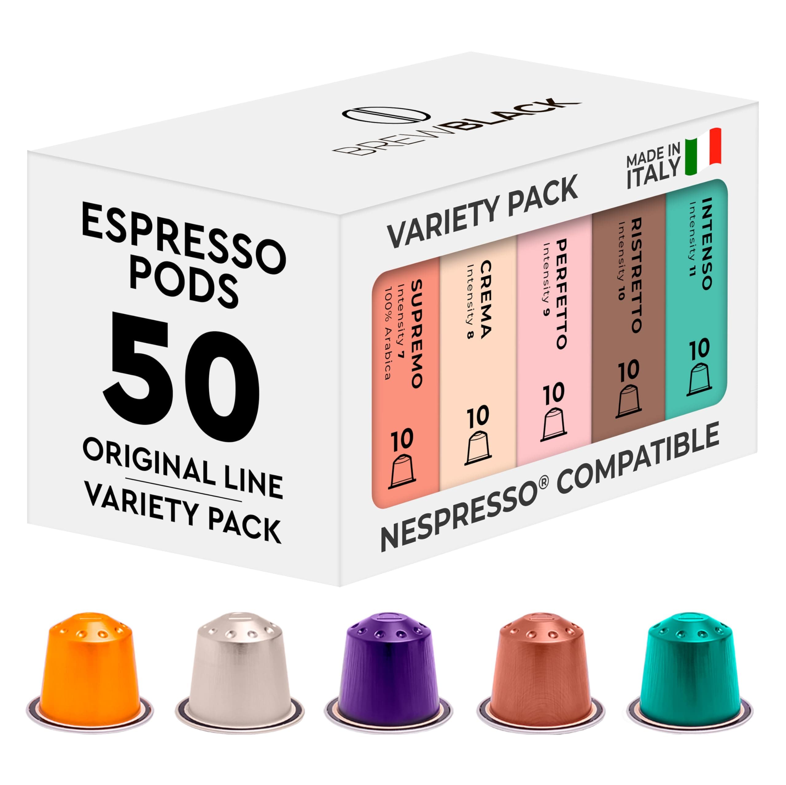 BrewBlack Variety Pack - 50 Aluminium Coffee Pods Compatible with Nespresso Original line - Medium & Dark Roast Coffee Capsules Made in Italy