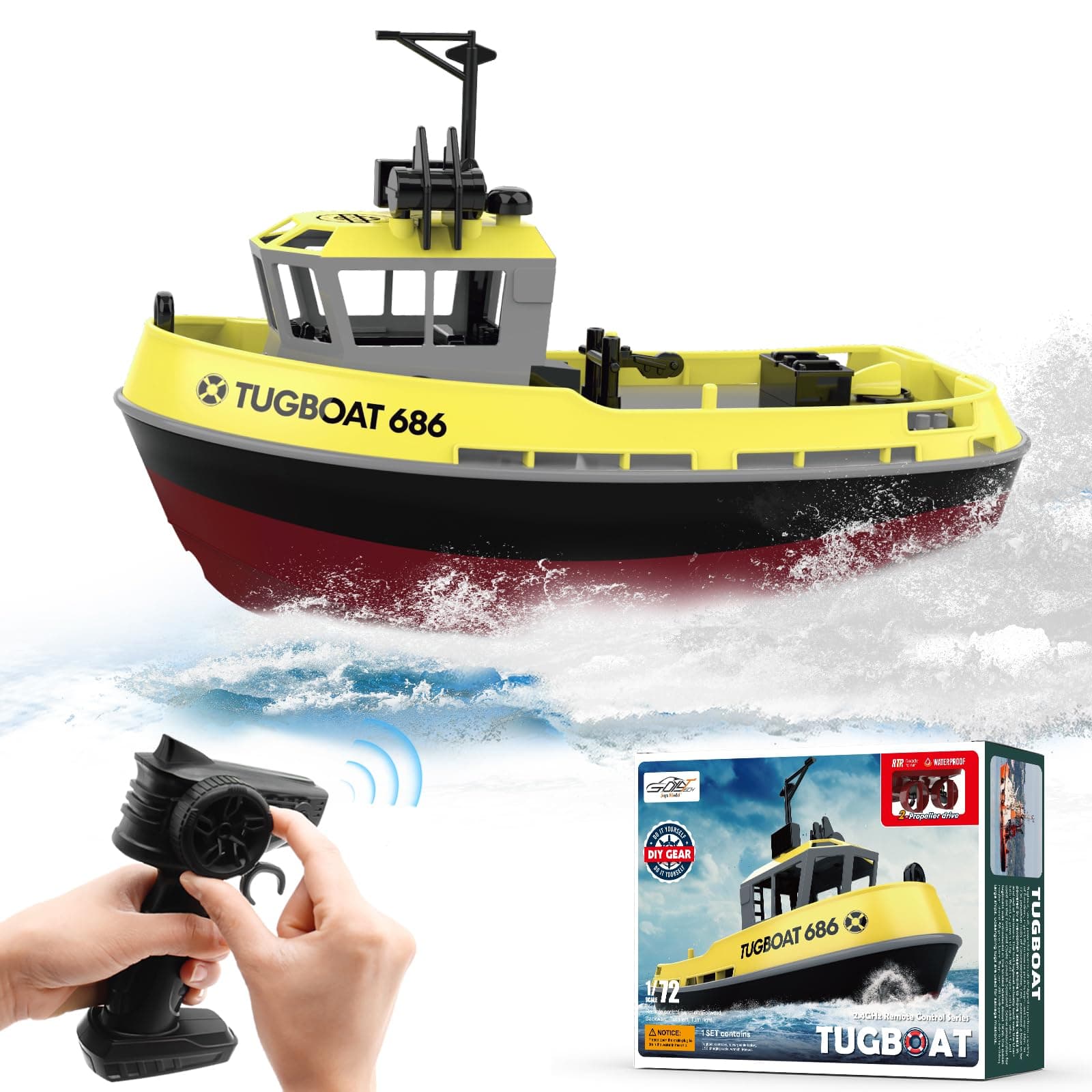 RC Boat, 1/72 RC Tugboat for Pools and Lakes, High-Speed Remote Control Boat with 40 Mins Play Time and Low Battery Reminder for Adults and Kids - RTR Version