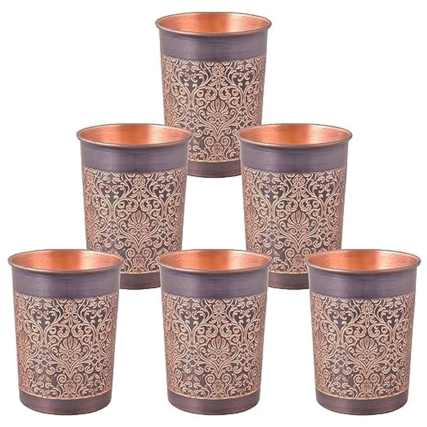 DI: Decorative India Decorative India Premium Copper Water Glass With Carving Design And Black Antique Royal Glossy Finish Specially Made For Dining Kitchen And Many More Set Of 6, 250 ML