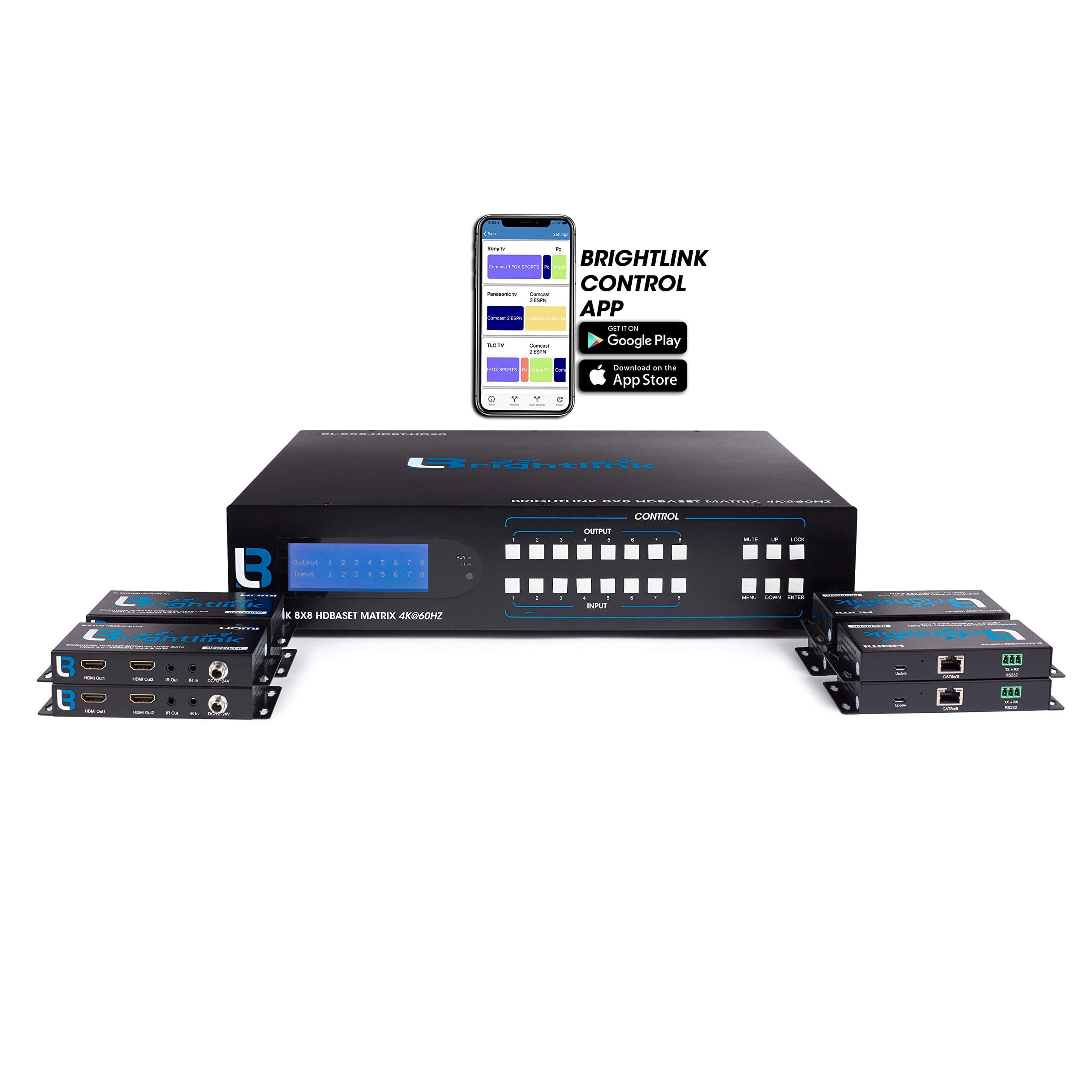 Brightlink HDMI 2.0 8x8/8x16/8x24 - HDBaseT Matrix with 4Kx2K@60Hz, HDR, 18Gbps & HDCP 1.4/2.2 – Free Brightlink iOS & Android App Control - C/W 8 HDBaseT Receivers with 2ea HDMI Outputs & POC/POE