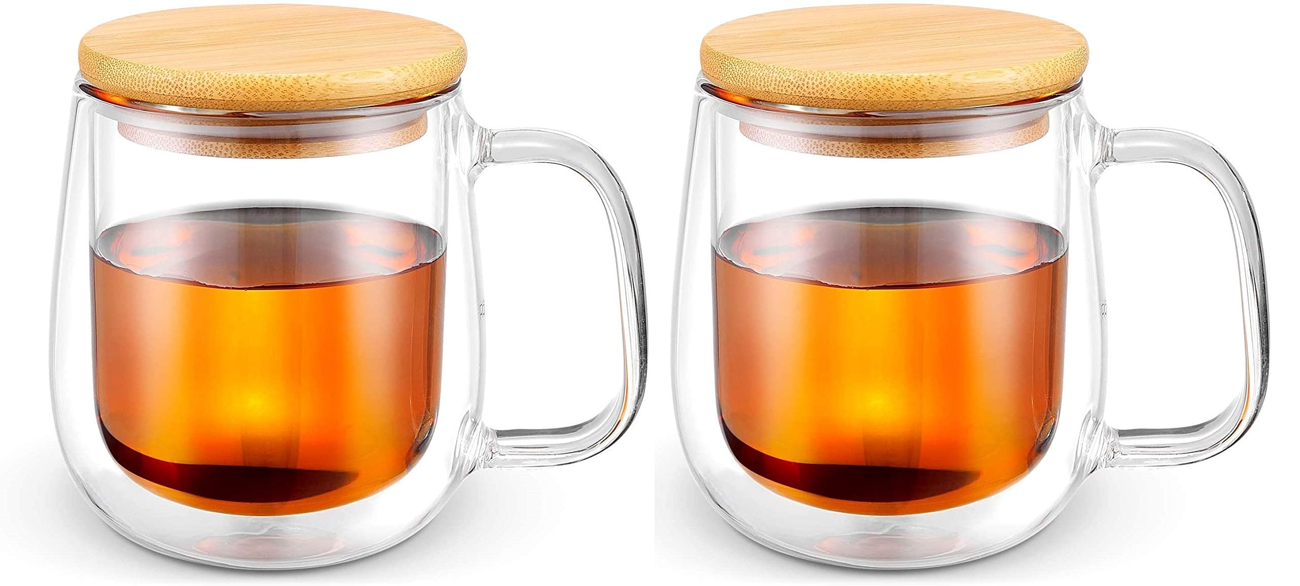 Baskety Glass Coffee Mugs - 250ml Double Walled Insulated Mug with Handle, Perfect for Latte, Americano, Cappuccinos, Tea Bag, Beverage with Bamboo lid. (Pack of 2)
