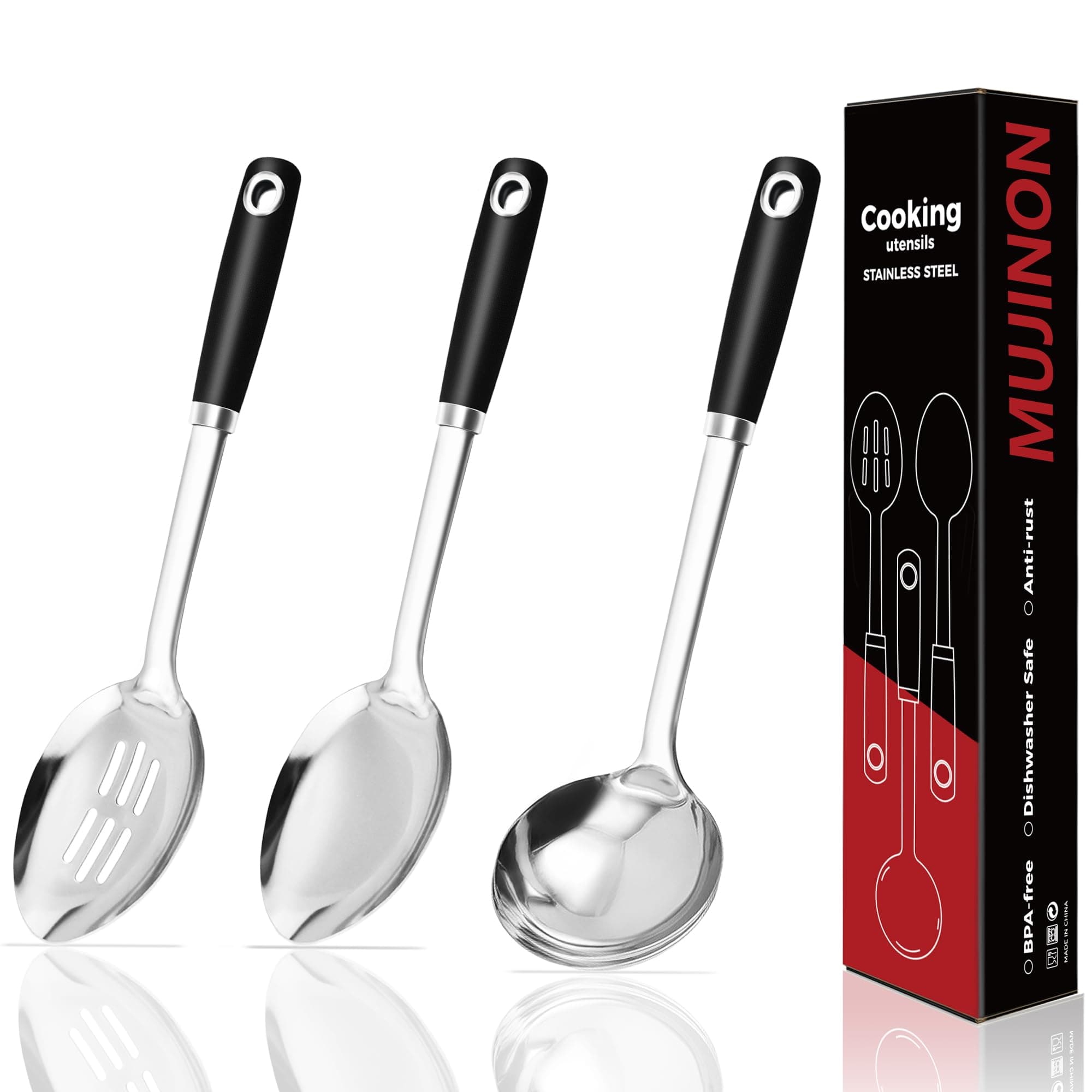 14-in Cooking Spoons Set, Heavy Duty 18/0 Stainless Steel Large Serving Spoons Set, Slotted Spoon, Cooking Spoon & Soup Ladle, Commercial and Residential Use, Pack of 3