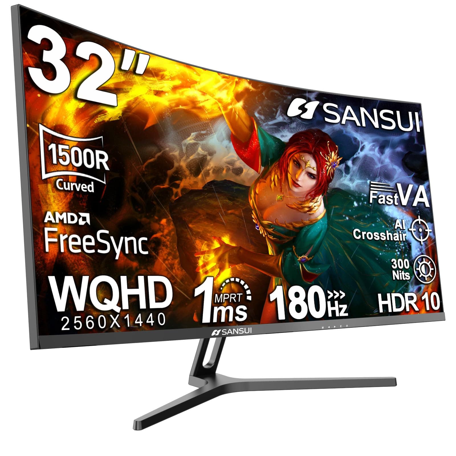 32-Inch Curved Gaming Monitor WQHD 2560 x 1440 180Hz Curved 1500R -Fast VA,1ms(OD), HDR, 300nits, sRGB 125%, DCI-P3 95%, FreeSync, HDMI x2, DP1.4x2(DP Cable Included)