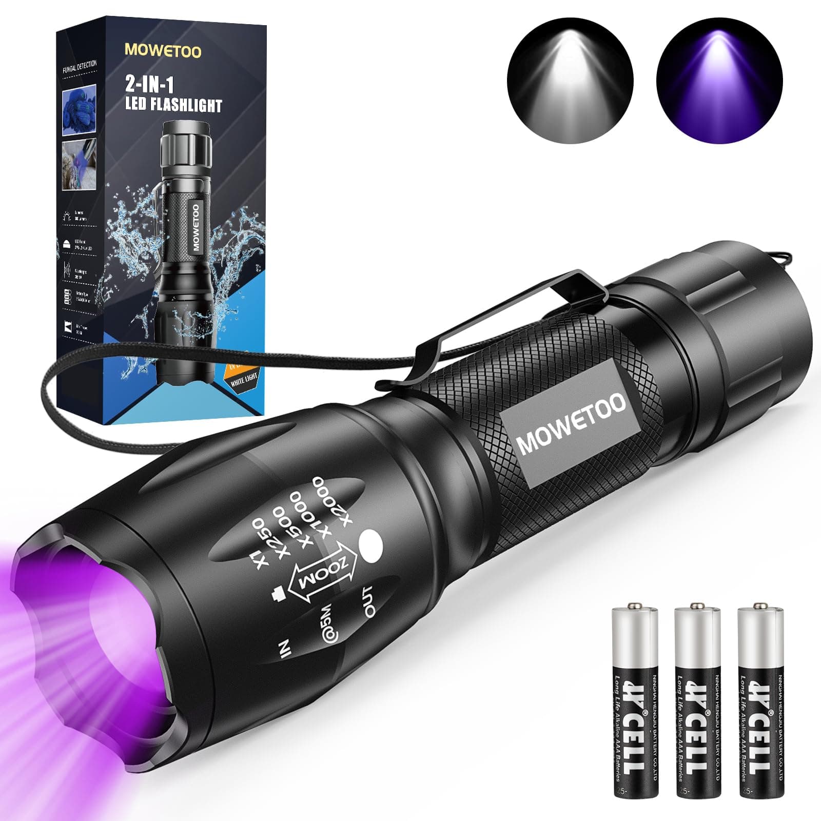 UV Torch LED Torch 2 in 1 Black Light with 4 Modes Waterproof 395nm UV Light Super Bright 500lm for Inspection Pet Urine Detecting Camping Including Accessories 3 AAA Batteries, LE-8613d