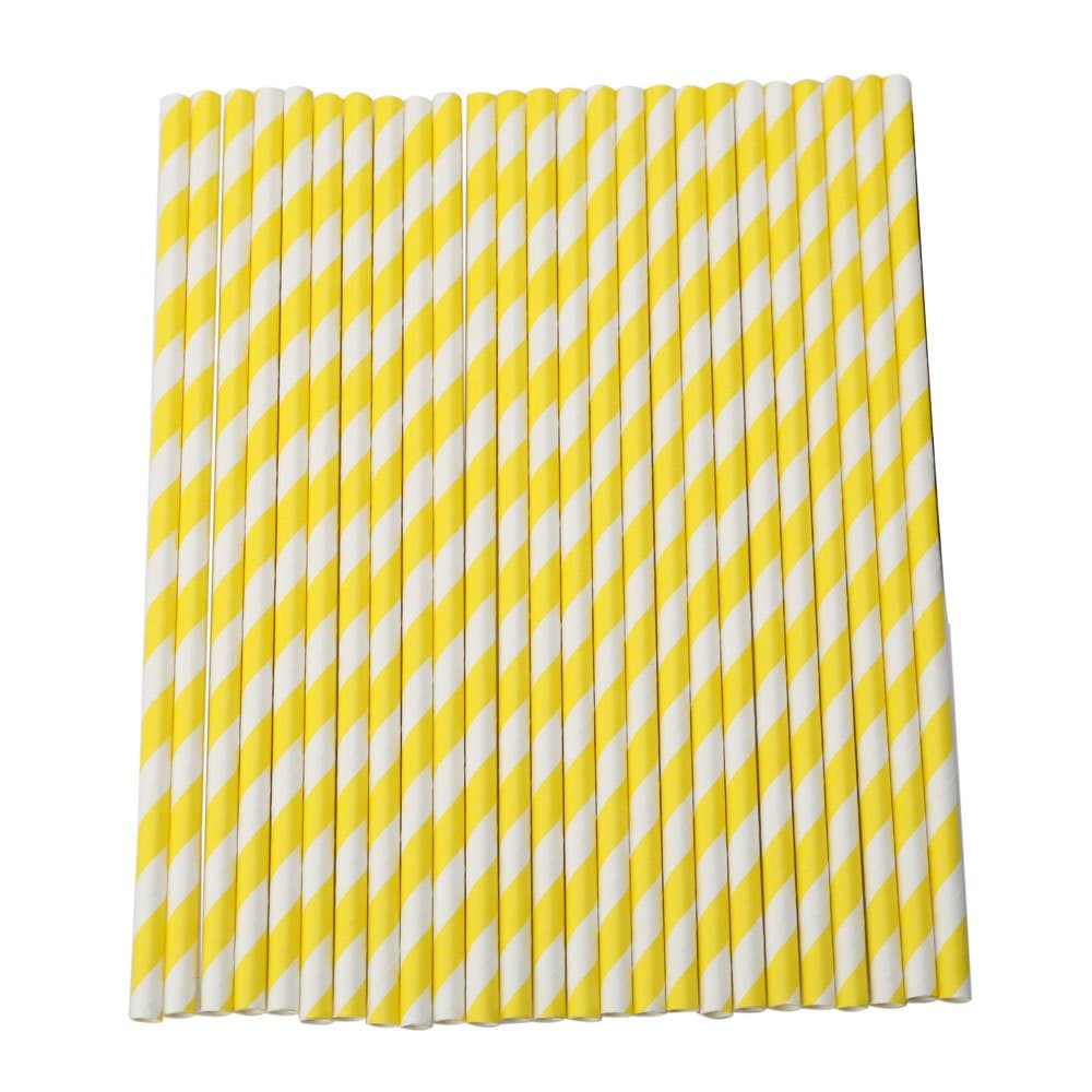 Pack of 25 Striped Drinking Paper Straws for Wedding Birthday Party (Yellow)