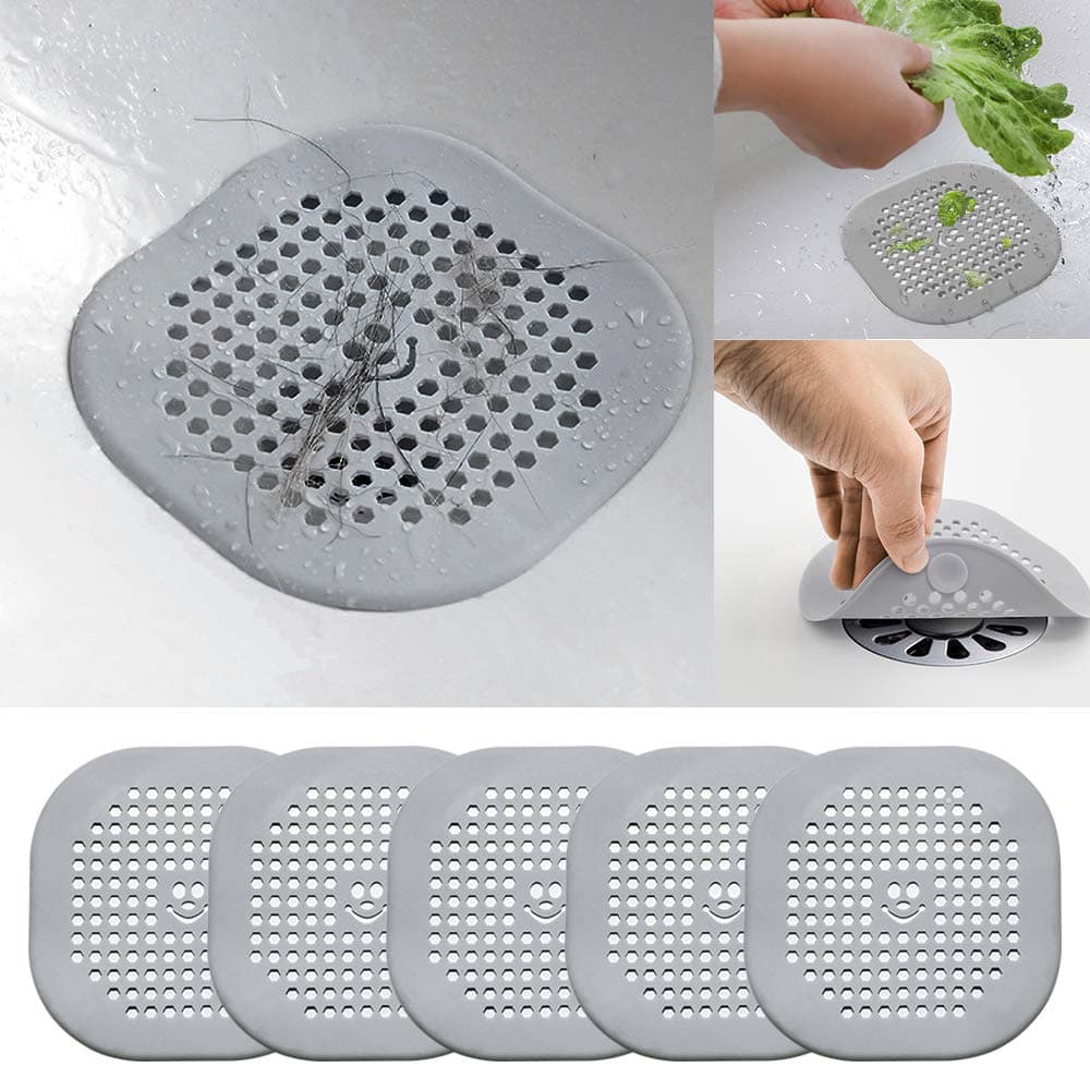 VIKKA 5 PCS Silicone Sink Strainer, Anti-Clogging Shower Drain Hair Trap Catcher, Kitchen Sink Stopper - Bathroom Sink Set, Filter for Bathroom Tub (Gray)