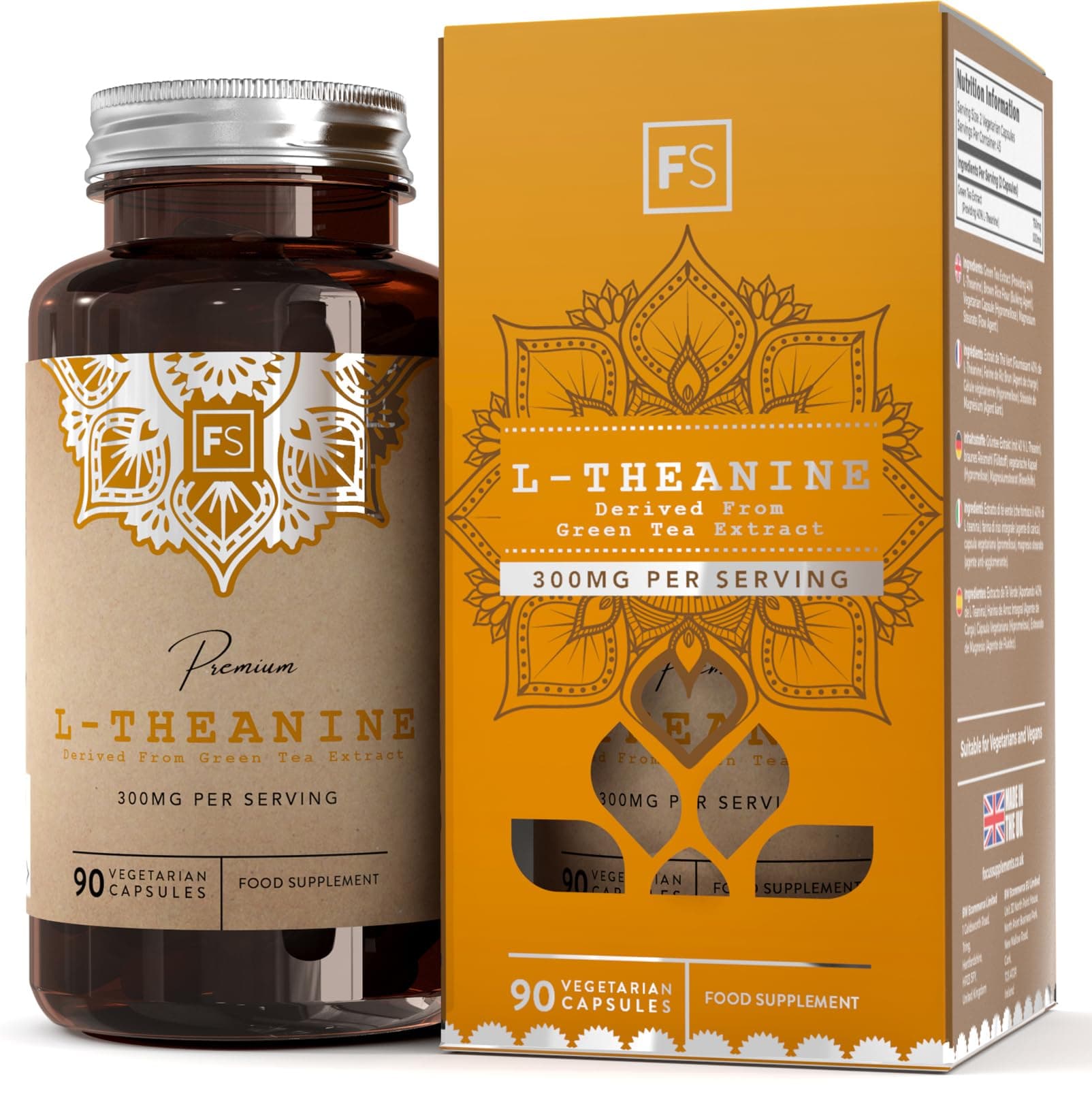 FS L Theanine | 90 L-Theanine Capsules from Green Tea - High Strength 750mg Green Tea Extract Providing 300mg L'theanine per Serving | L Theanine Supplement | Non-GMO Gluten Free | Made in UK