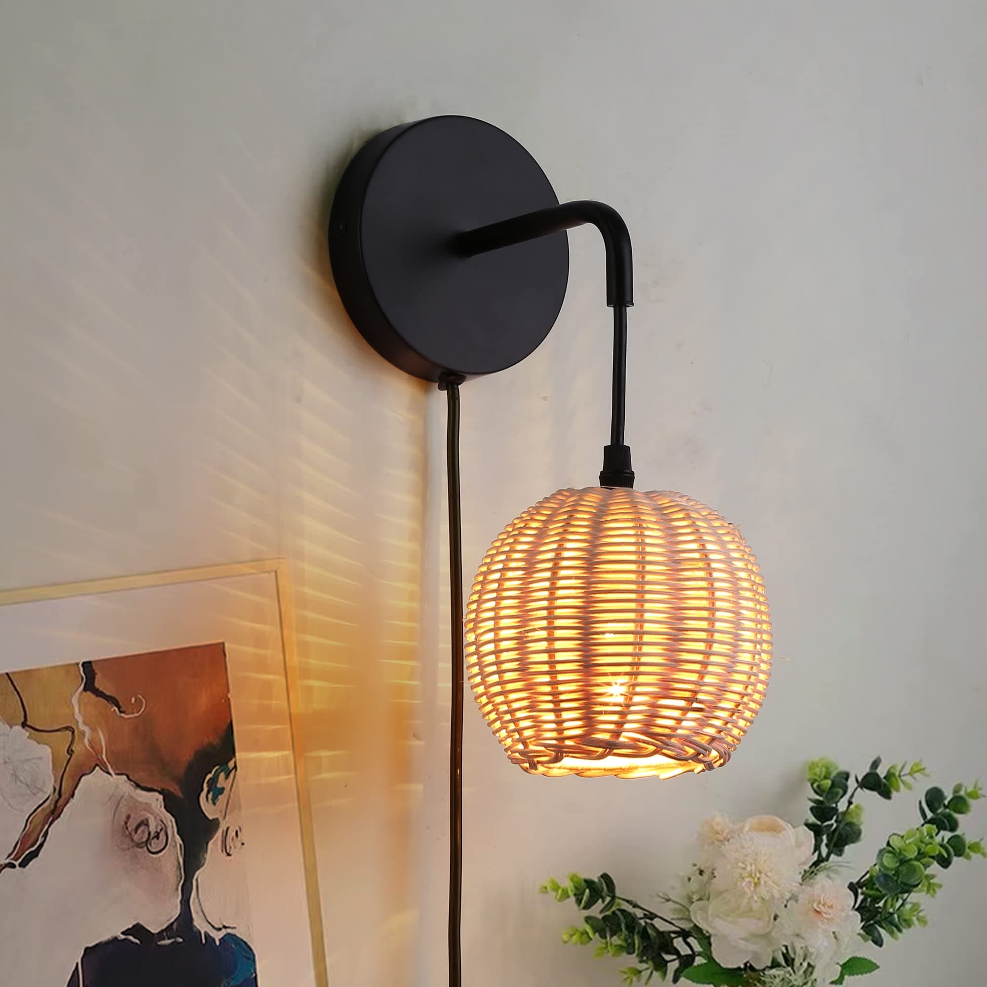 Modern Plug in Bamboo Wall Light Fixture with Switch - Round Basket Rattan Lampshad Chandelier Hanging Wall Mounted Lamp, Indoor Wicker Pendant Wall Sconces for Kitchen Island Living Room Restaurant