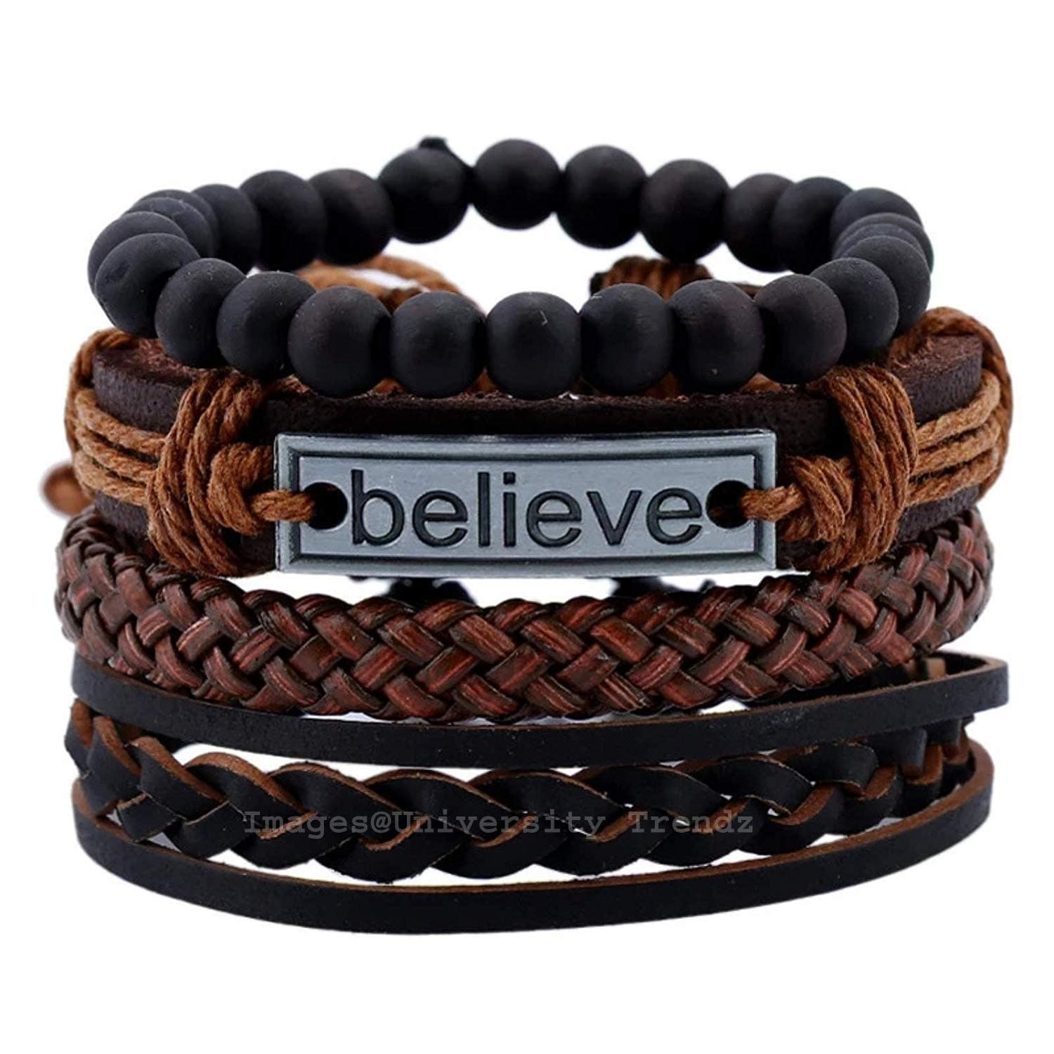 University Trendz Leather Natural Stone Beads Bracelet For Men (Pack of 4)