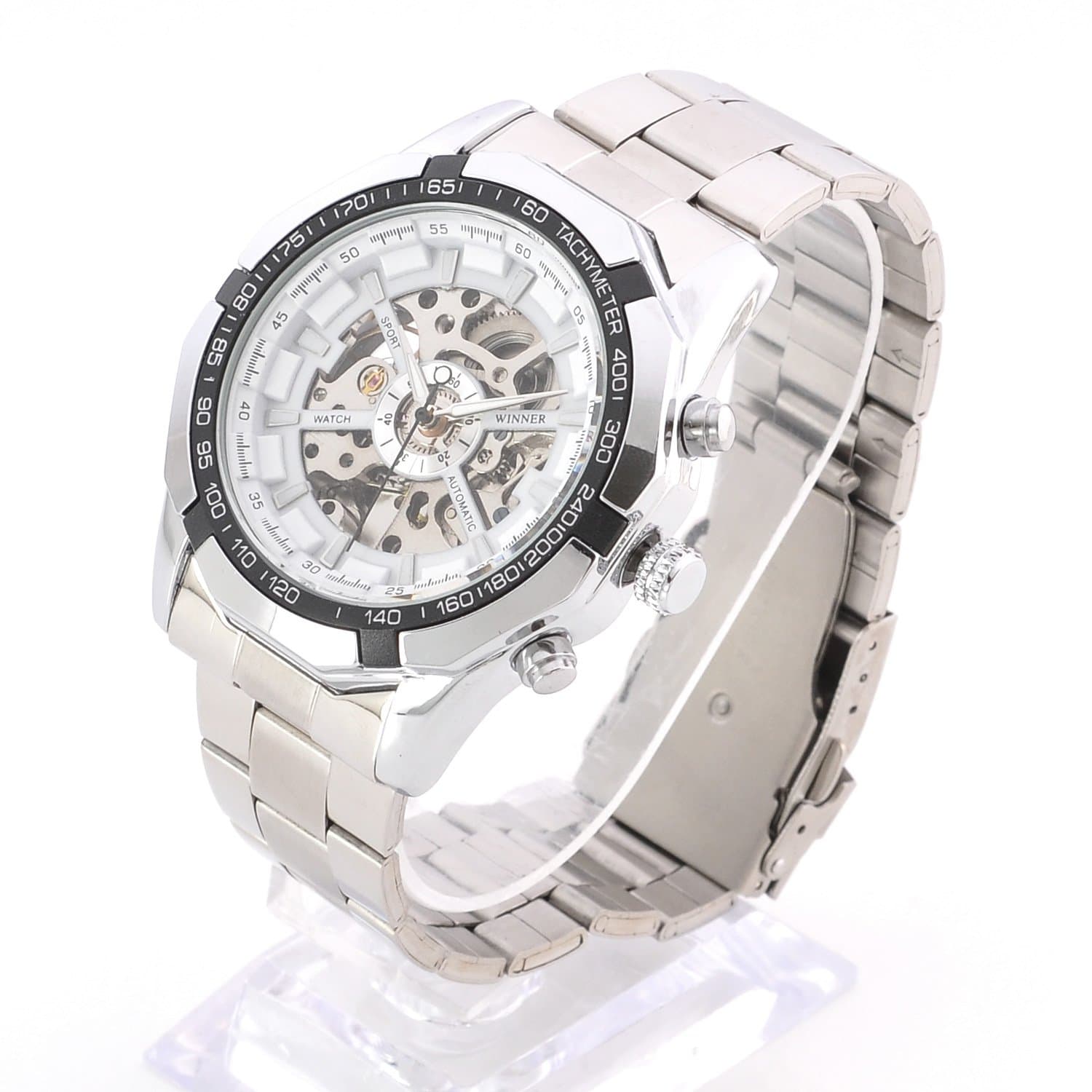Stainless Steel Dial Scale Automatic Mechanical Skeleton Movement Winding Wrist Watch, Butterfly Clasp (White)