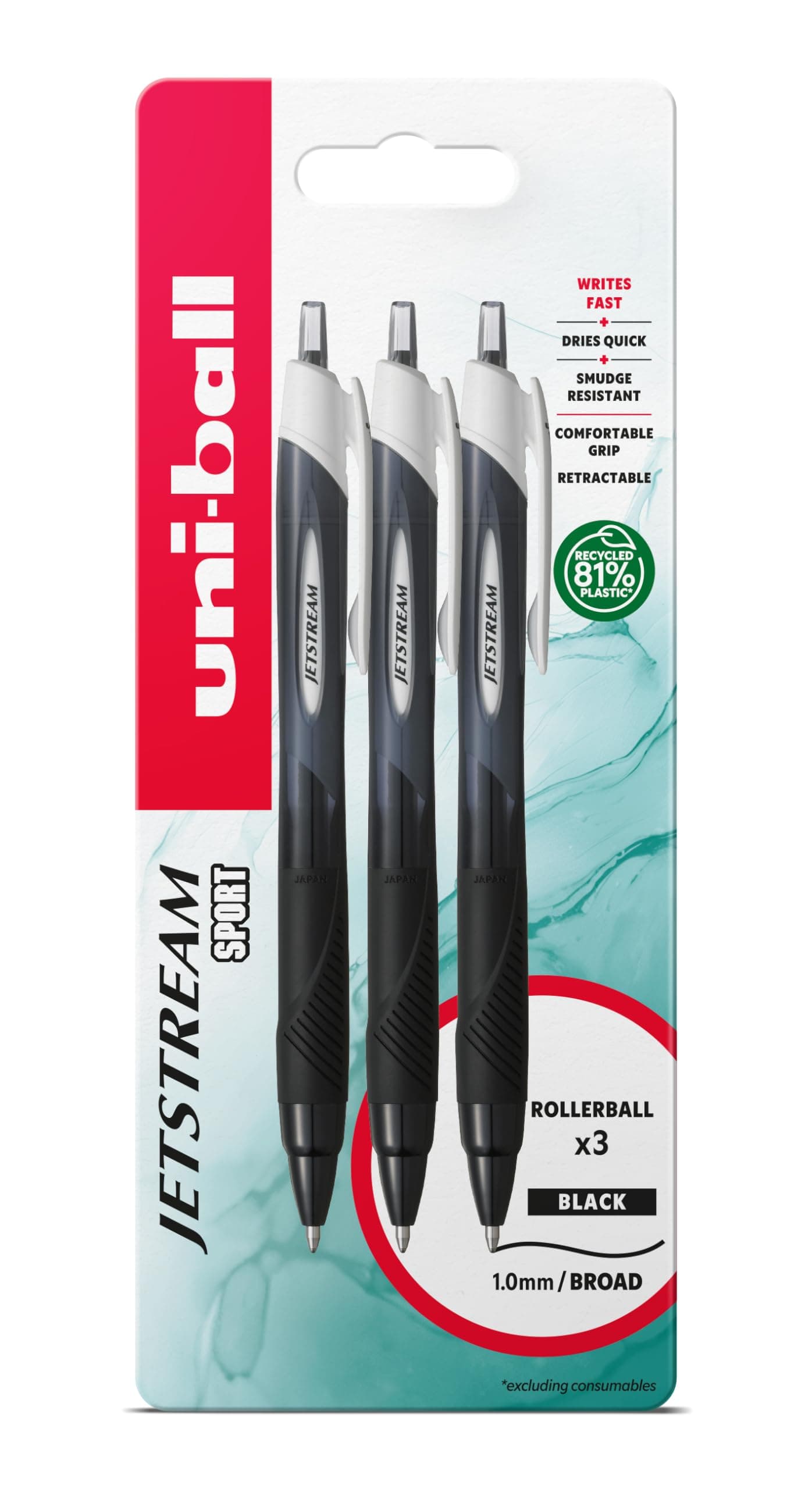 Jetstream Sport SXN-150S Ballpoint Gel Pens. Premium 1.0mm Rollerball Tip. Smooth Writing Black Uni Super Ink Dries Instantly. Pack of 3 in Plastic Free Packaging