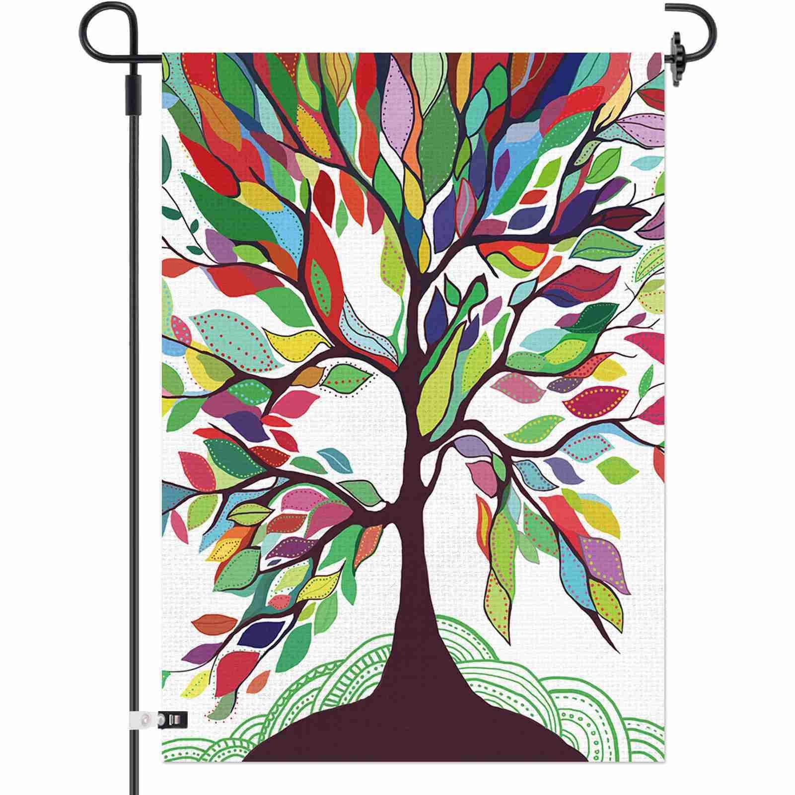 Garden Flag Colorful Rainbow Tree of Life 12×18 Inch Double Sided Burlap Decorative Yard Banner Garden Flag Holiday Flag for Party Home Outdoor Decoration (1PCS)